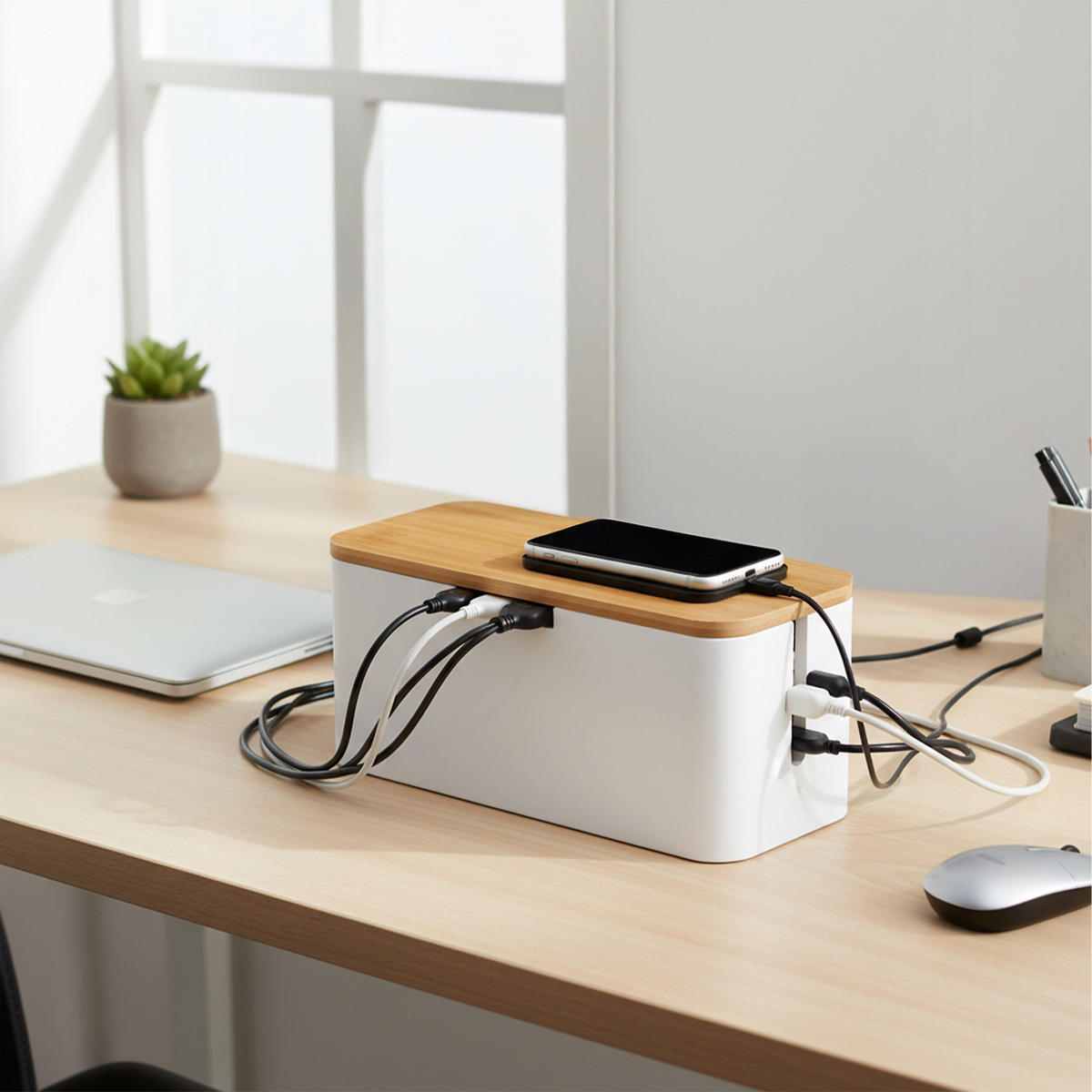 KABELBOX - Weiß, Holz/Metall (11/34/14.5cm) - Relaxdays