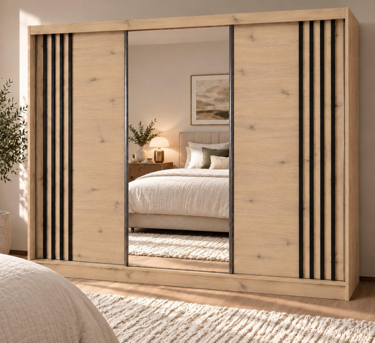 KLEIDERSCHRANK Nila 240 cm Artisan Spiegel 4 Schubladen Griffe silber - Eiche Artisan, Holzwerkstoff (240/216/61cm) - KS Home Concept