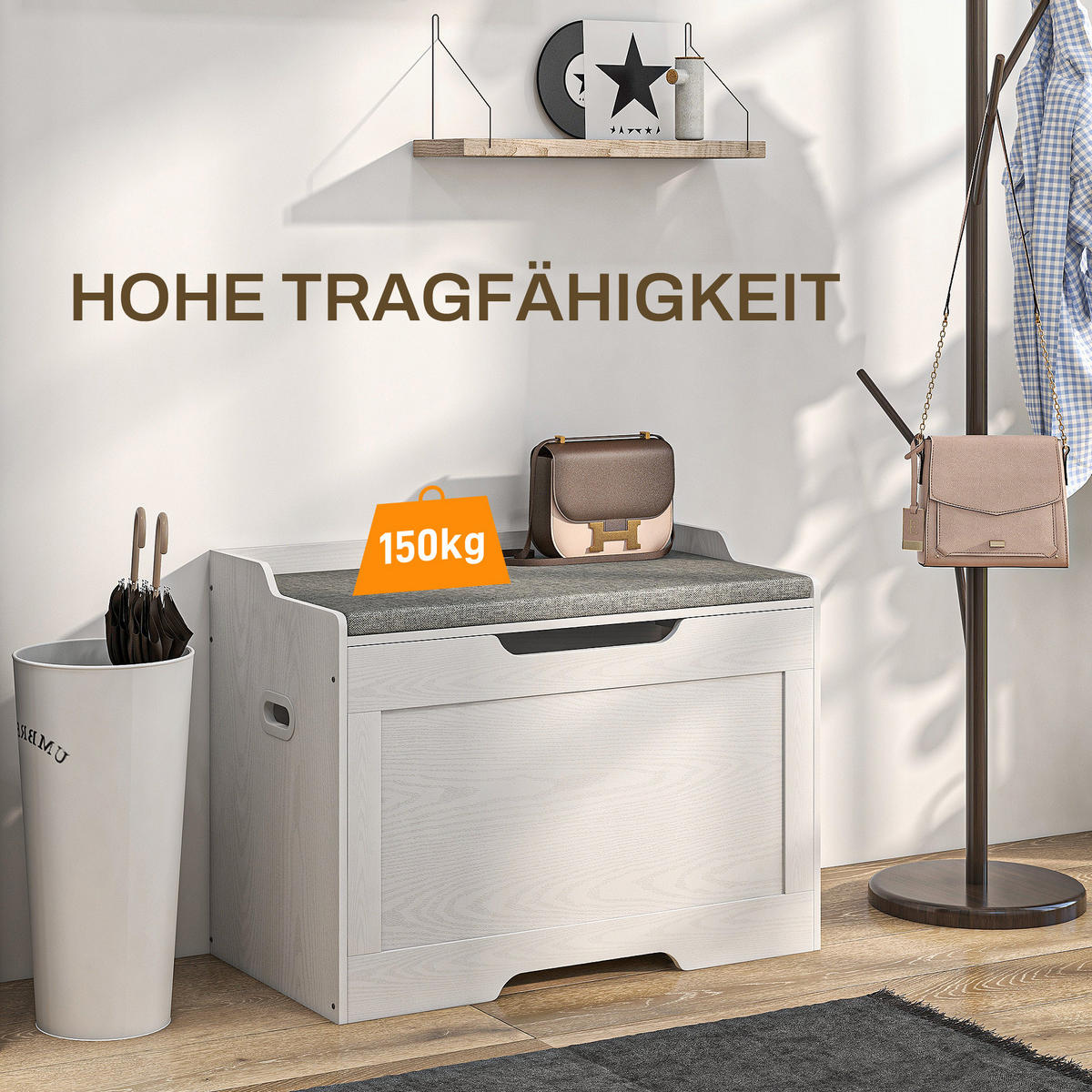 103 Liter Aufbewahrungstruhe mit Deckel, Sitzfläche, Sitztruhe mit Stauraum - Weiß/Grau, Kunststoff/Textil (40/56/75cm) - HOMCOM