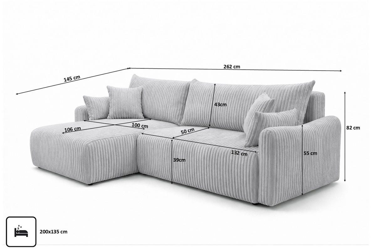 ECKSOFA Mit Schlaffunktion, Cordstoff Tilia, Grau, Links, JAPANDI - Grau, Holz (262/145cm) - Kaiser Möbel