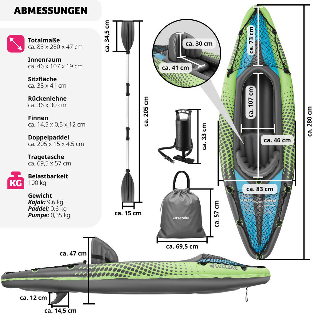 Thumbnail - tectake Einerkajak, Grün, Kunststoff, 83x0.47x280 cm, Freizeit, Pools und Wasserspaß, Stand Up Paddle