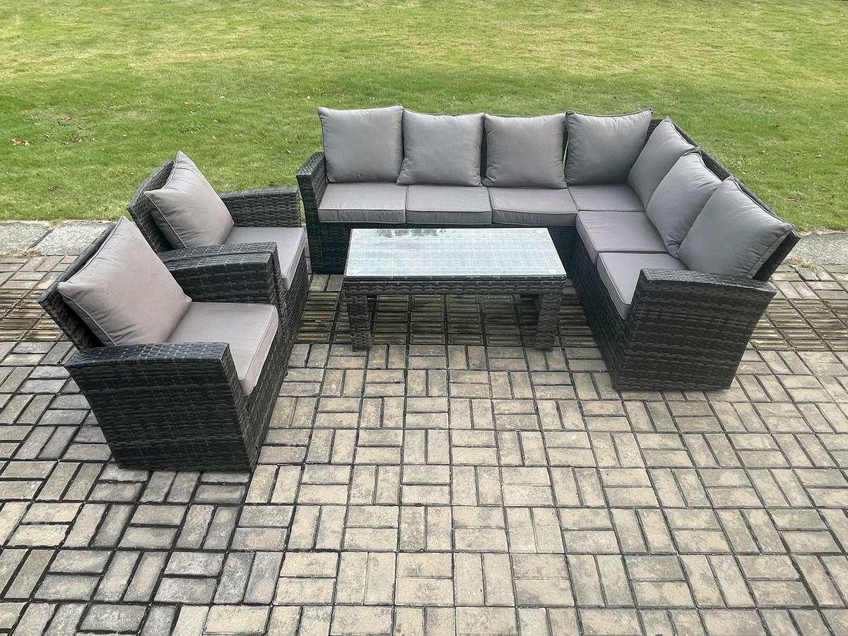 LOUNGEGARNITUR mit Couchtisch Sofa Polyrattan Dunkelgrau 8-Sitzer - Dunkelgrau/Grau, Glas/Kunststoff - Fimous