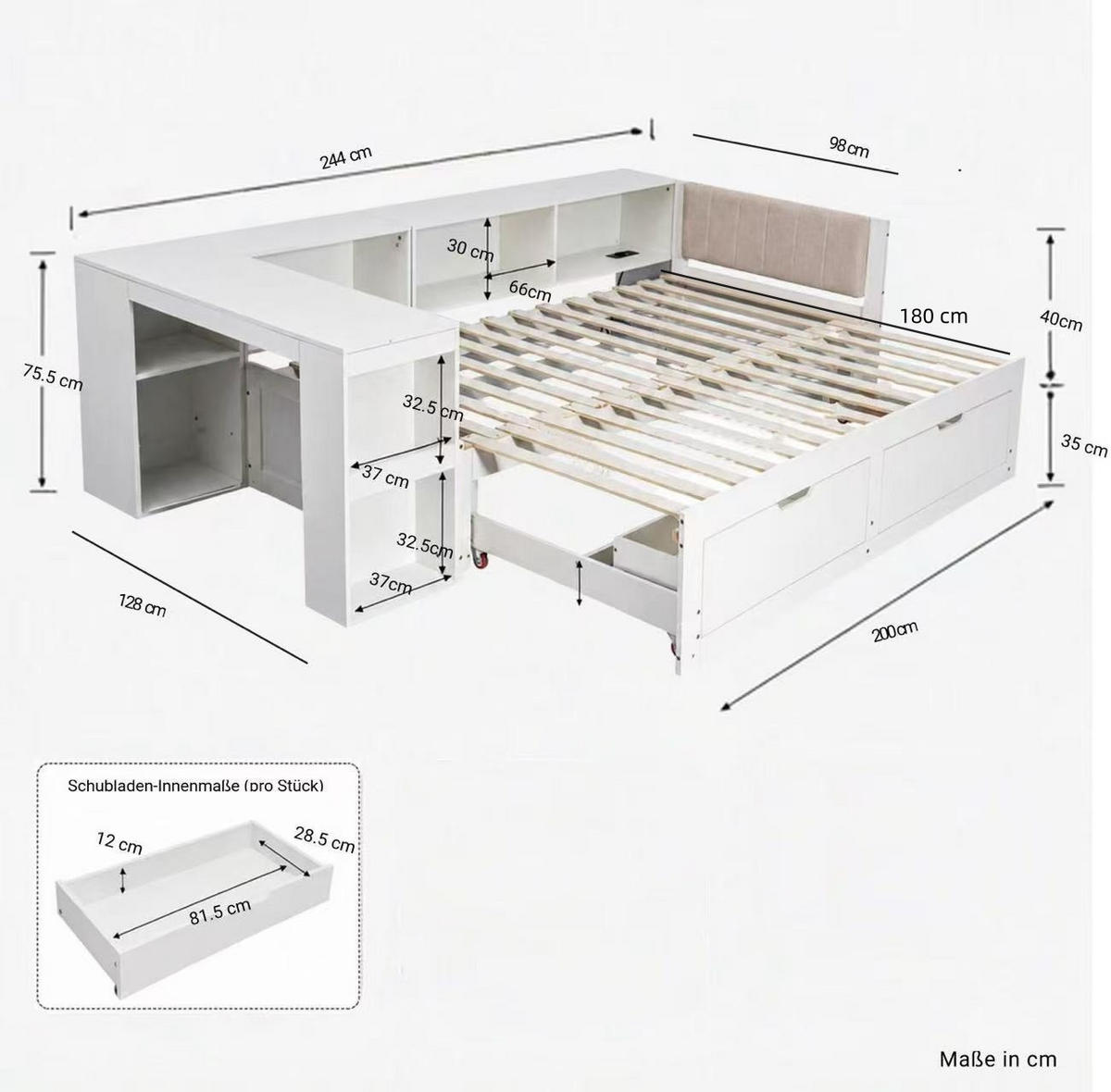 BETTANLAGE 90/200 cm in Mattweiß mit Schreibtisch, Schubladen und Steckdose - Weiß, Holzwerkstoff/Metall (90/200cm) - WISHDOR