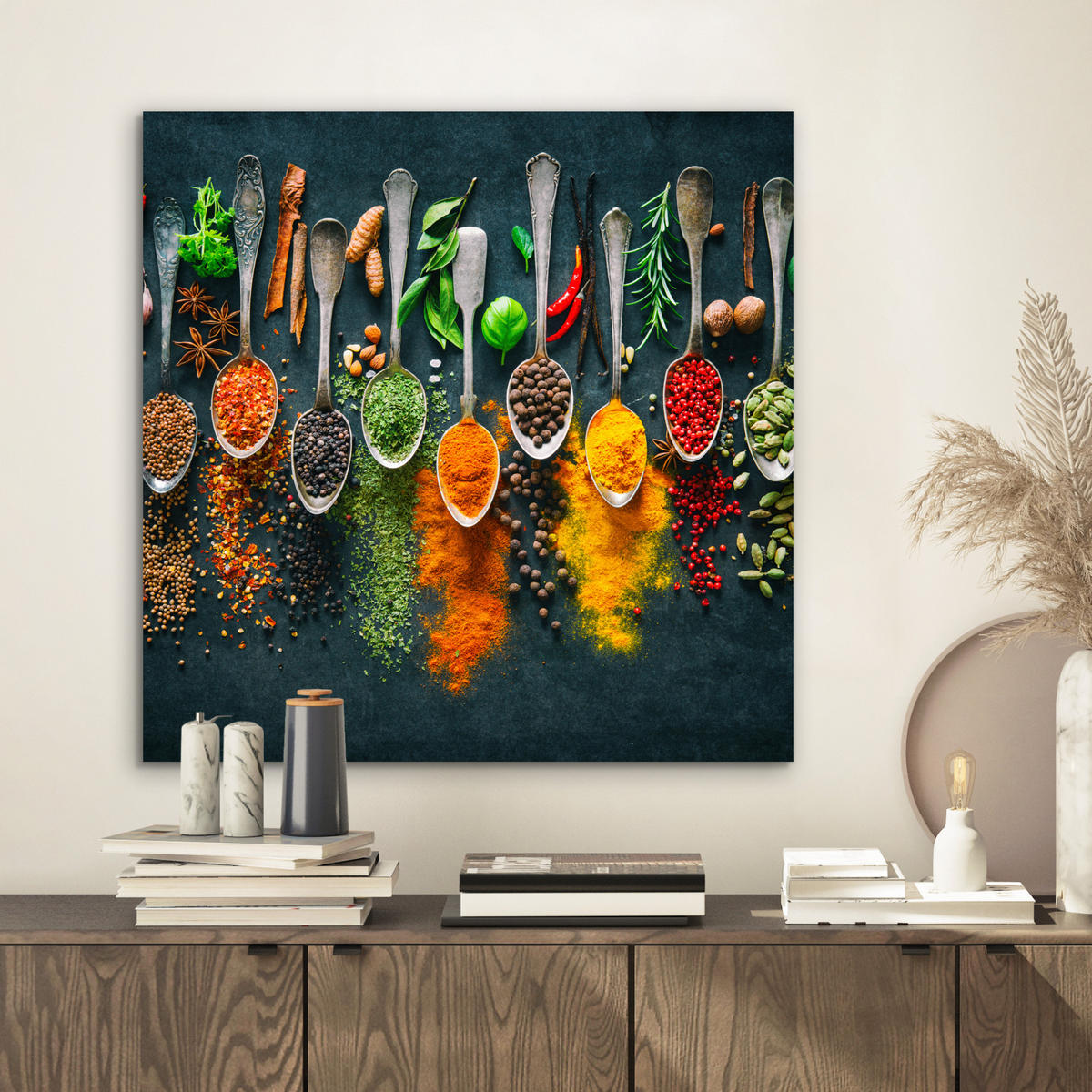 KOVOVÝ OBRAZ Bylinky - korenie - lyžičky 50x50 cm - kari žltá, kov (50/50cm) - MuchoWow