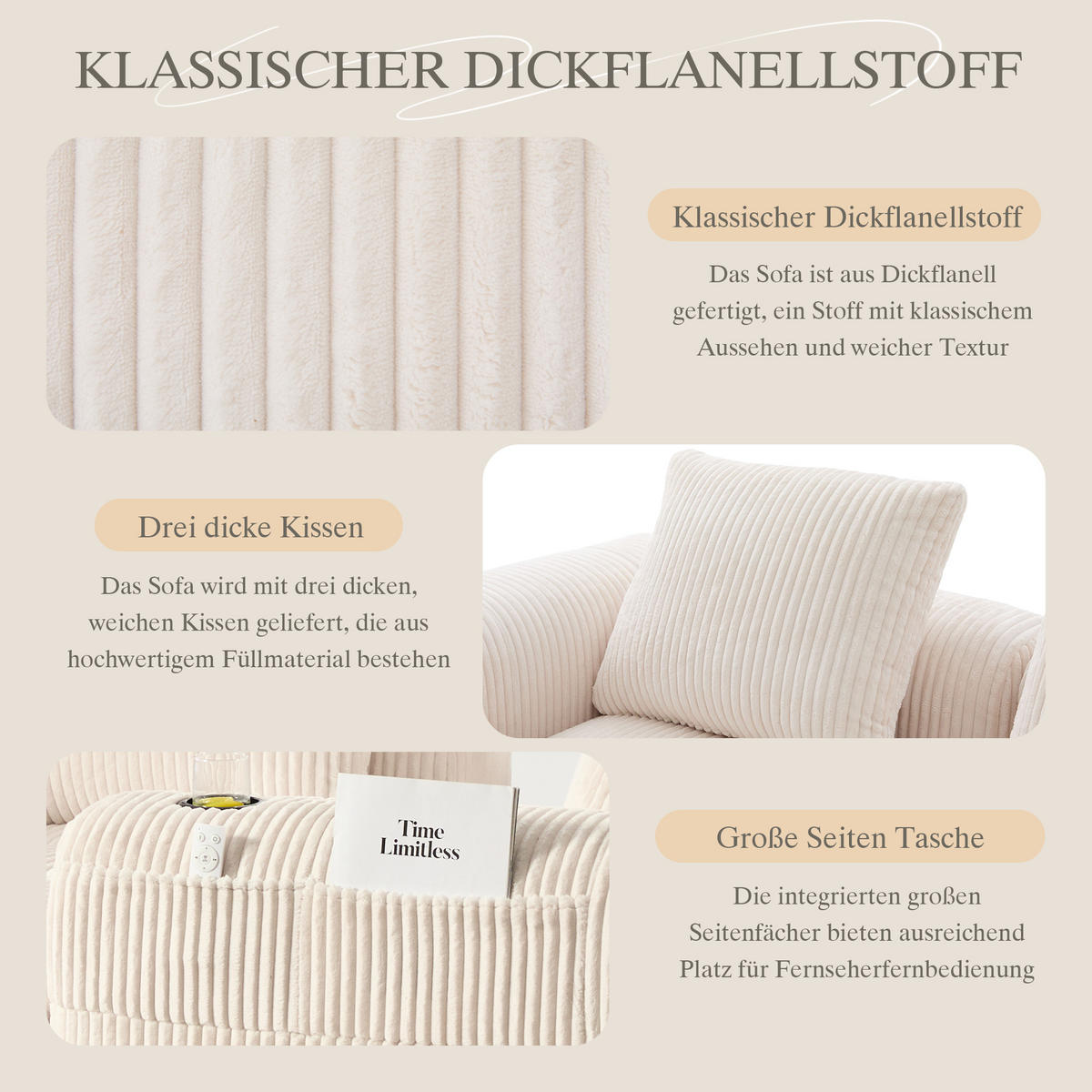 KOMPAKTSOFA Cord mit modularen Elementen und Becherhalter 253/158/61 cm Beige - Beige, Textil (158/253cm) - Redom