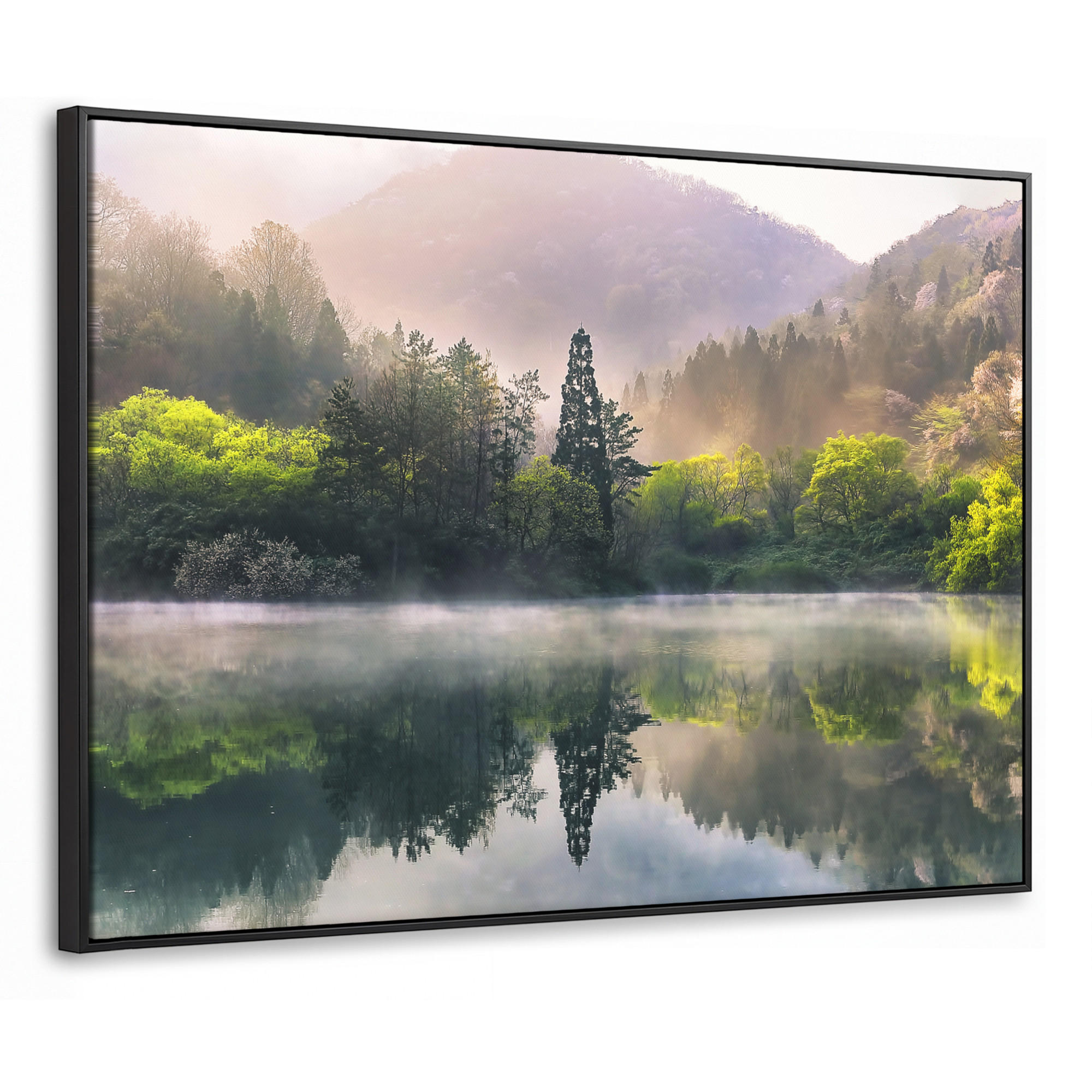 LEINWAND Bilder mit Rahmen - Natur - Bäume - Berge - See - Wasser - 100x70 - Hellgrün, Textil (100/70cm) - MuchoWow