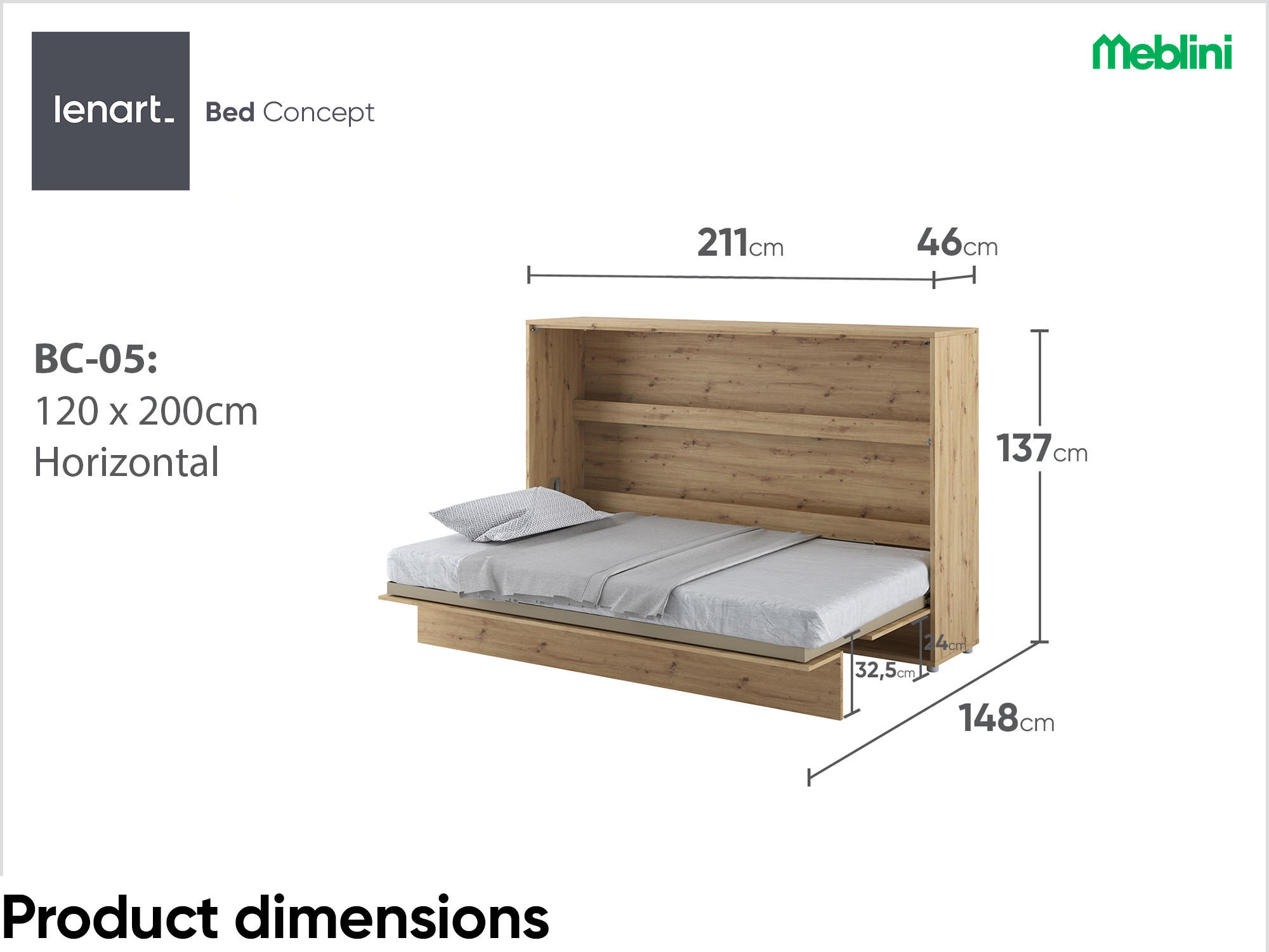 SCHRANKBETT BC-05 - 120x200cm Horizontal - Artisan Eiche mit Matratze - Eiche Artisan, Holzwerkstoff (200/120cm) - Meblini