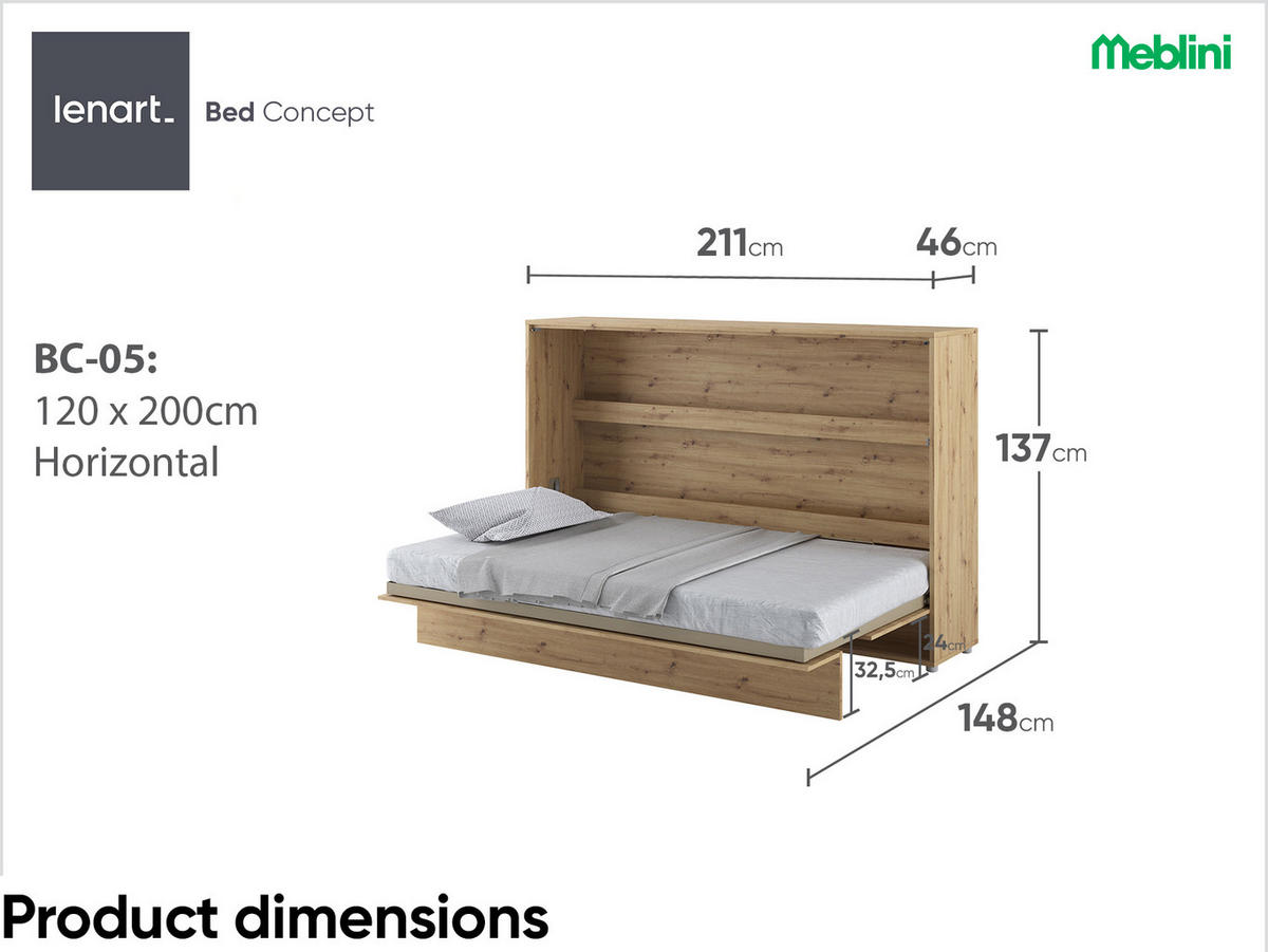 SCHRANKBETT BC-05 - 120x200cm Horizontal - Artisan Eiche mit Matratze - Eiche Artisan, Holzwerkstoff (200/120cm) - Meblini