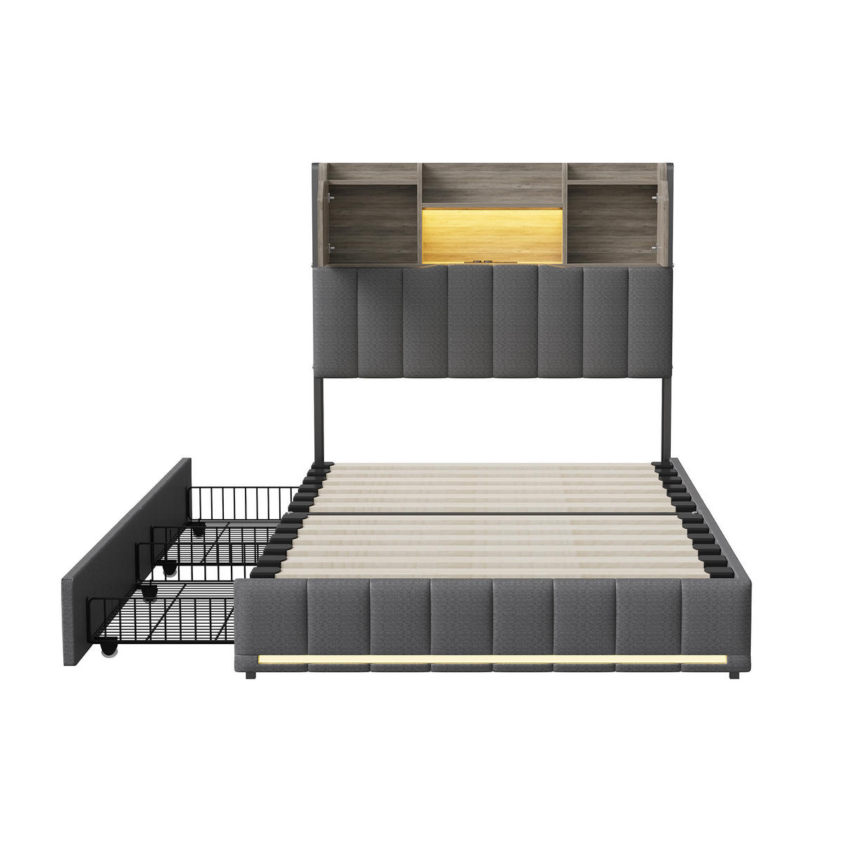 POLSTERBETT 90x200 cm LED USB 4 Schubladen Lattenrost Leinen grau - Grau, Holz (90/200cm) - LEBENLANG