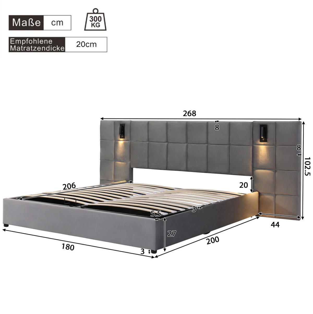 POLSTERBETT mit Bettkasten, USB und Leselicht 180x200 cm Samt Gray - Grau, Metall (180/200cm) - Meubliv