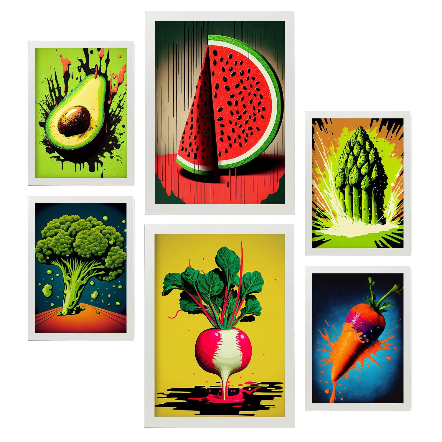 POSTER Set Mit 6 Ausgewogene Ernährung Vollfarbige Plakate Von Obst, Gemüse Und Gesunden Lebensmitteln Im Urban Art Stil A3 & A4 Weißer Rahmen - Weiß, Papier (29/3cm) - Nacnic