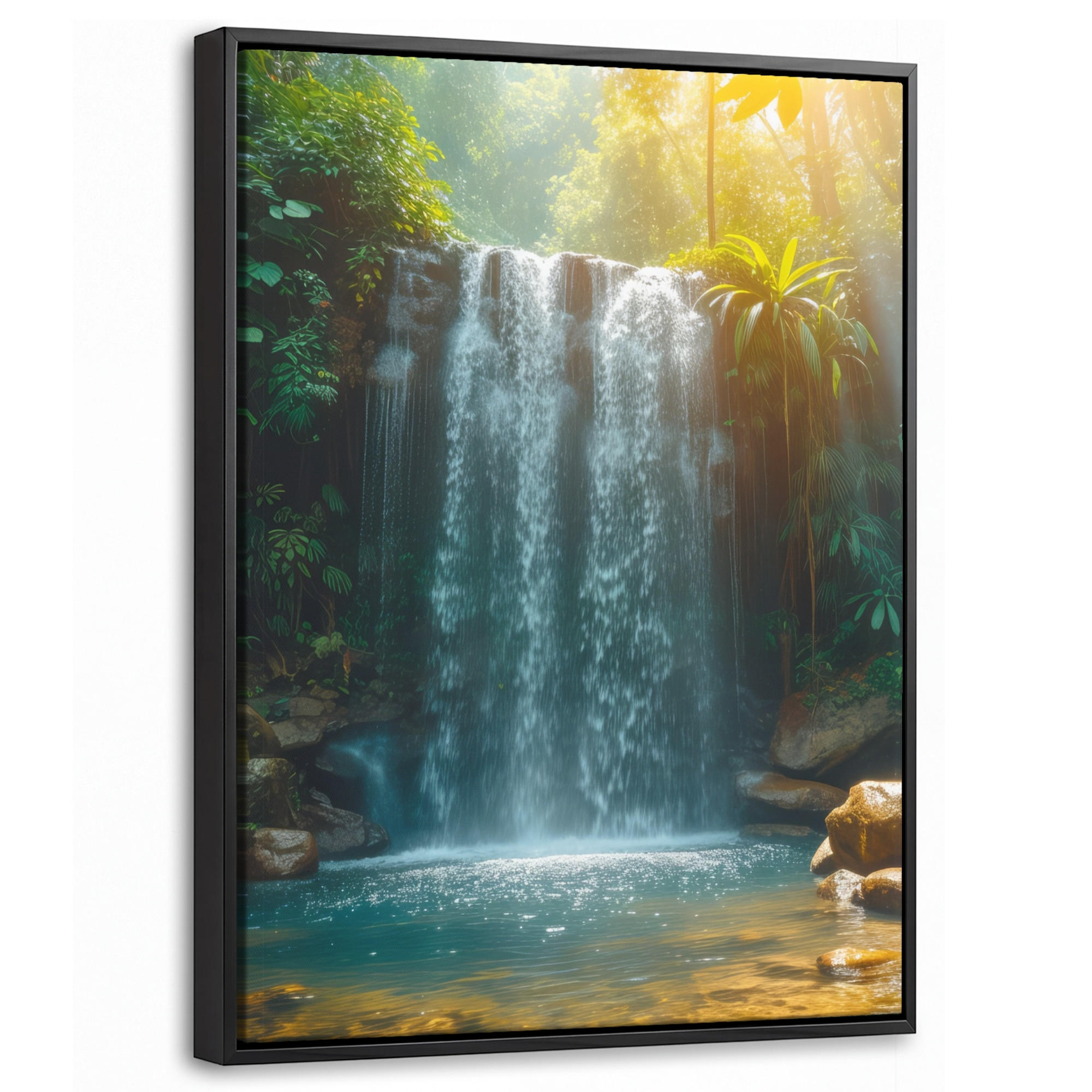 LEINWAND Bilder mit Rahmen - Wasserfall - Dschungel - Sonne - Grün - Natur - 30x40 - Grün, Textil (30/40cm) - MuchoWow