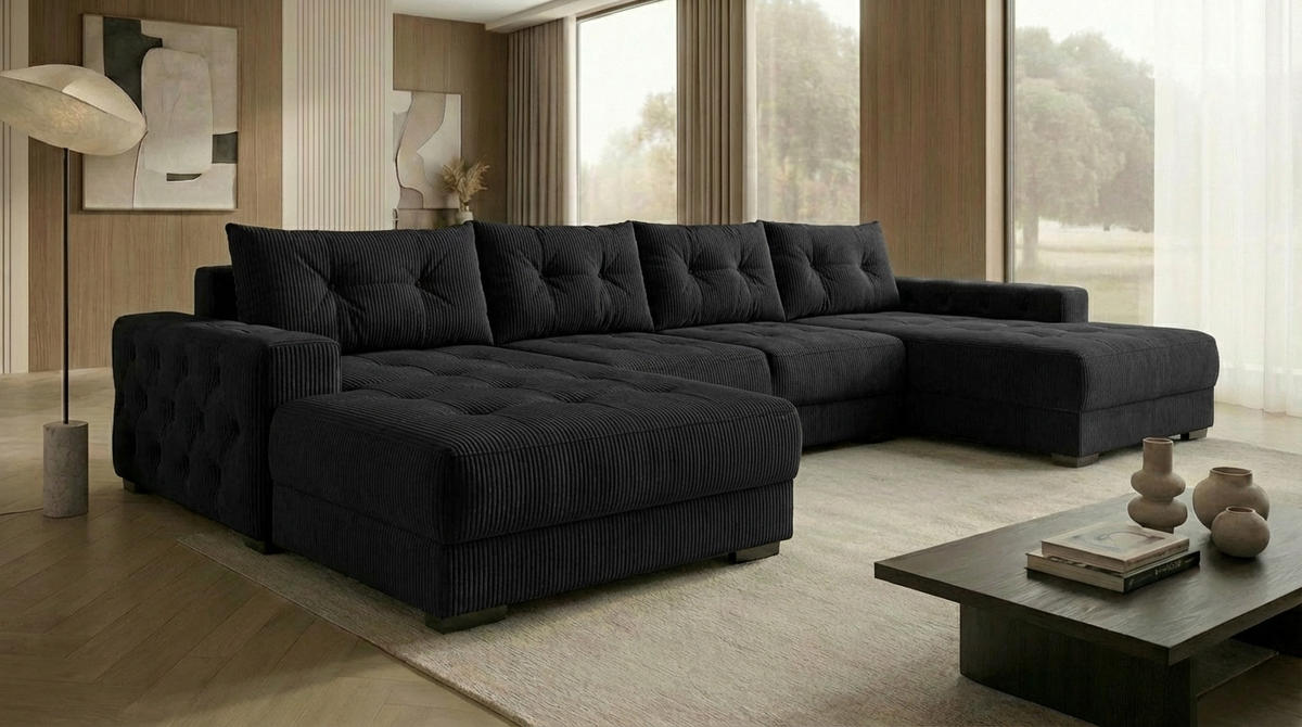 ECKSOFA MODENA 320 cm x 185 cm – Stoff: ZOOM 23 Farbe: Schwarz - Schwarz, Textil (320/185cm) - A&J MöbelLand