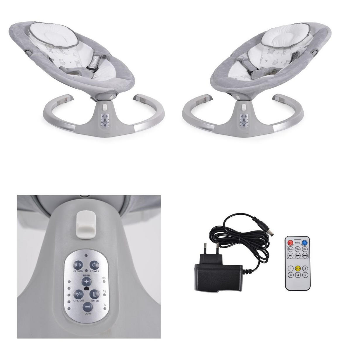 BABYWIPPE Ari grau Bluetooth, 5 Schaukelgeschwindigkeiten, Moskitonetz, 3-Punkt-Gurt - Grau, Metall - Cangaroo