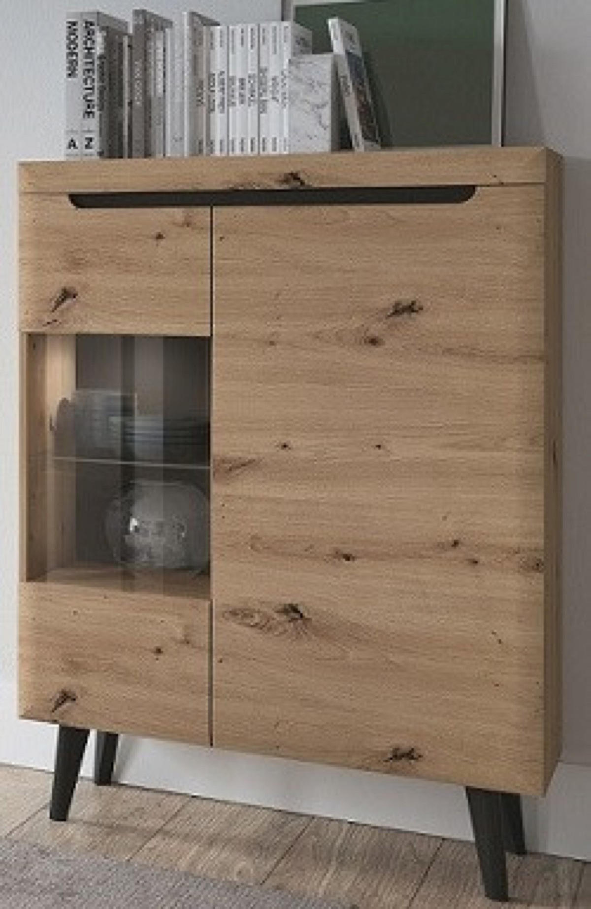 VITRINE Schwarz Nordan Dielenmöbel Mit LED 90 cm - Schwarz/Eiche Artisan, Holzwerkstoff (90/134/40cm) - Sepro Meble