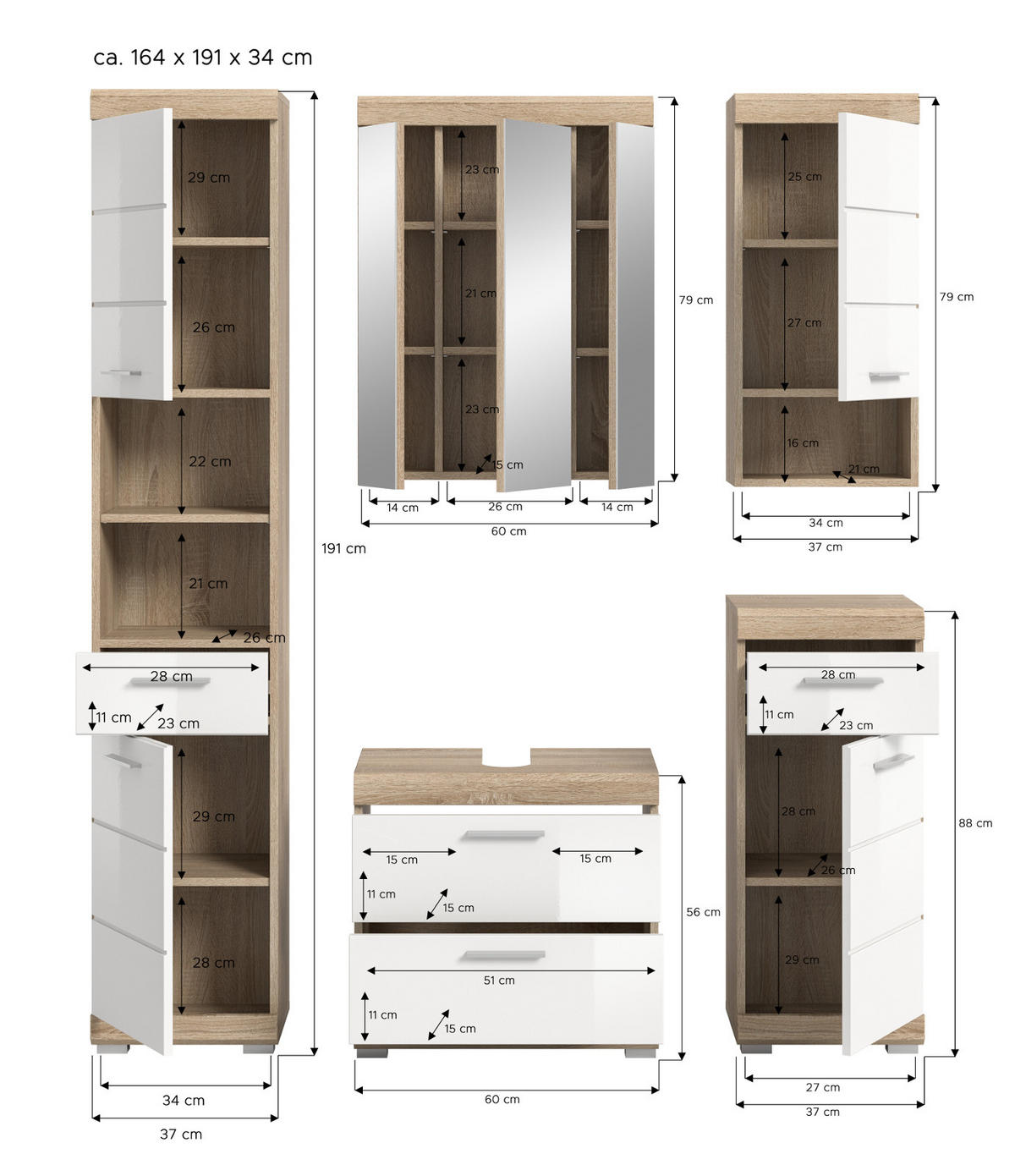 BADMÖBEL-SETWEISS Hochglanz, Eiche 5-teilig 164 cm, Komplettset mit viel Stauraum - Weiß Hochglanz/Eichefarben, Holzwerkstoff (164/191/37cm) - Inn.Furn