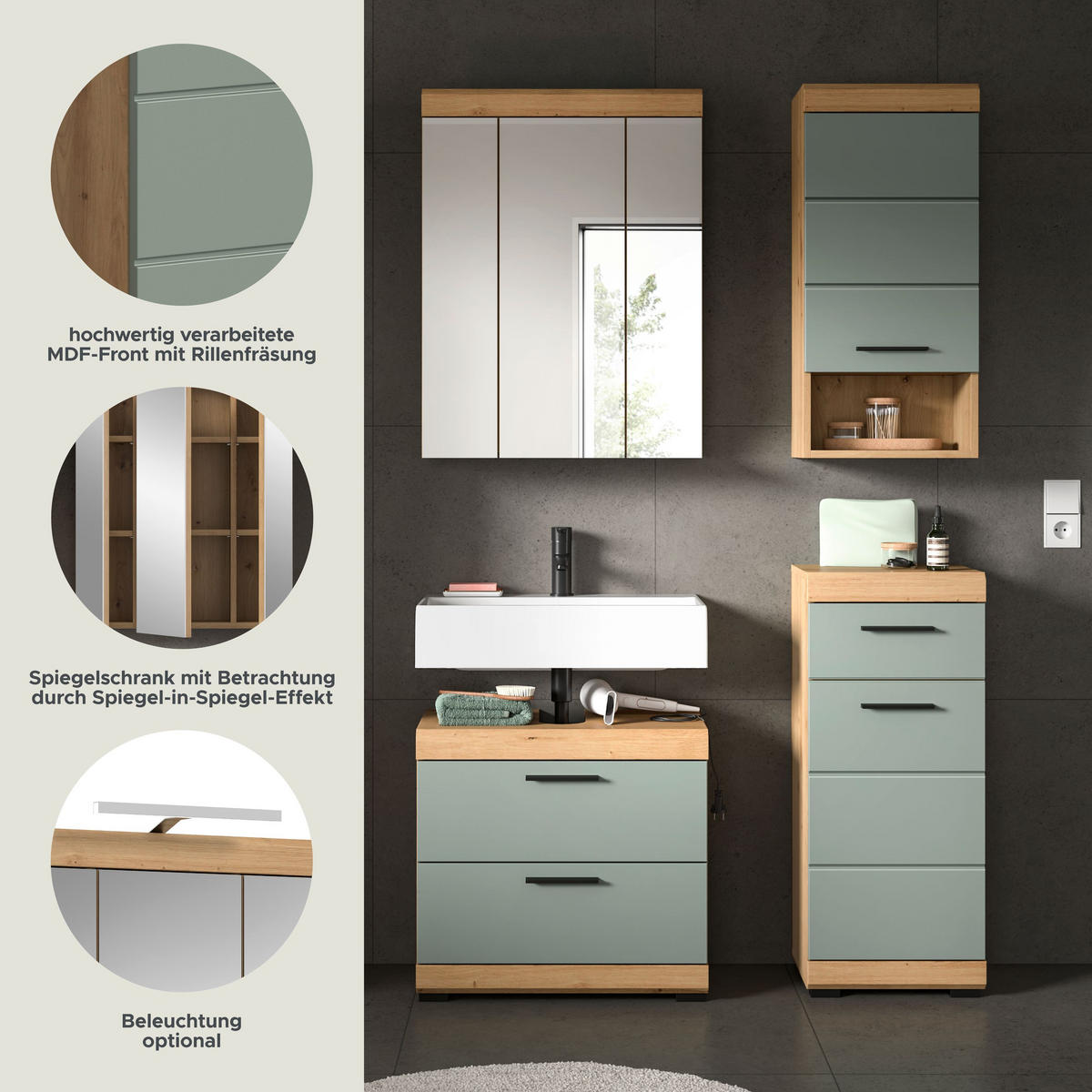 BADKOMBINATION 4tlg. Scout Bad in Artisan Eiche Nachbildung und Salbei Nachbildung B/H/T: 112x191x34 cm - Eiche Artisan, Holz (112/191/37cm)