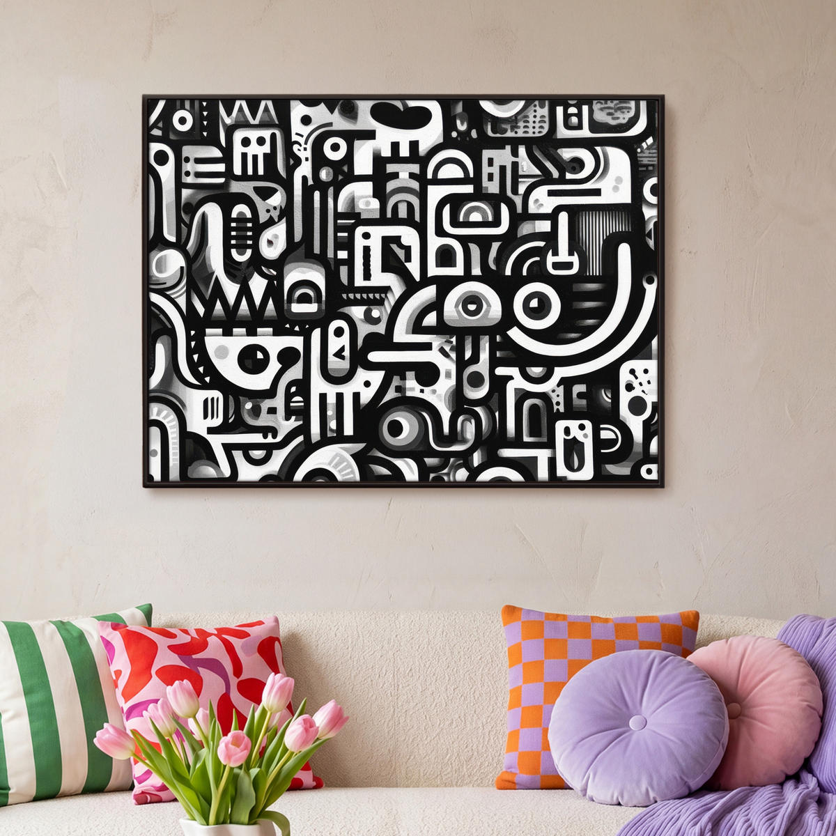 LEINWAND Bilder mit Rahmen - Symbole - Abstrakt - Grafik - Schwarz - 100x70 - Schwarz, Textil (100/70cm) - MuchoWow