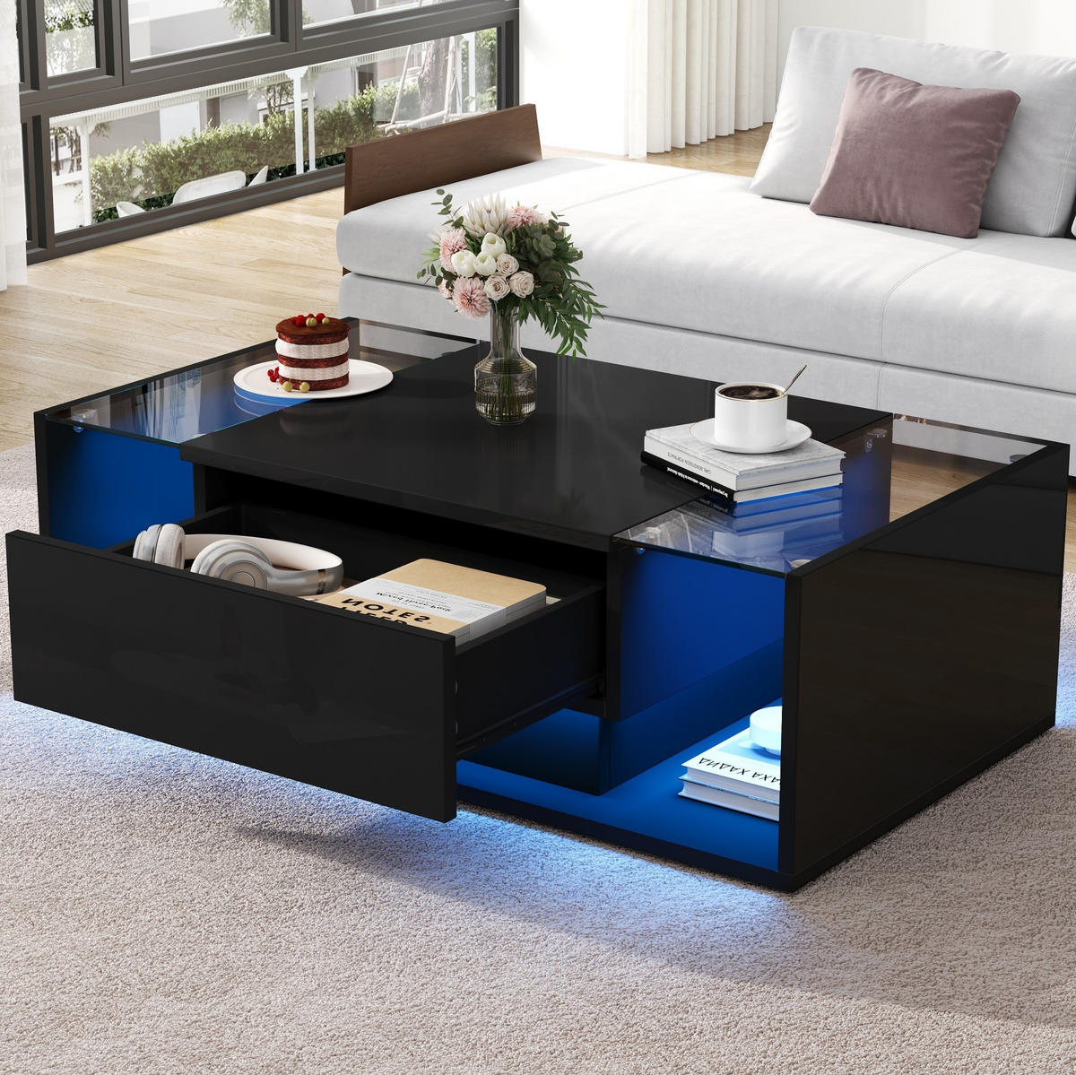 COUCHTISCH aus Spanplatte und Glas 100x50x31 cm in Schwarz mit LED & Schublade - Schwarz, Holzwerkstoff (100/50/31cm) - Modfu