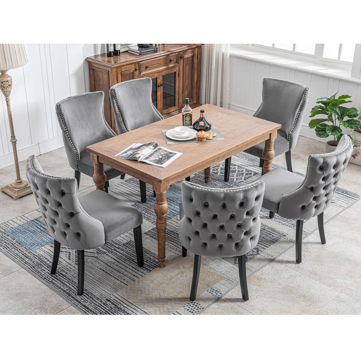 STUHL 6er-Set Samt Grau mit Knopfsteppung und Massivholzbeinen - Grau, Metall (50/91/52.2cm) - Meubliv