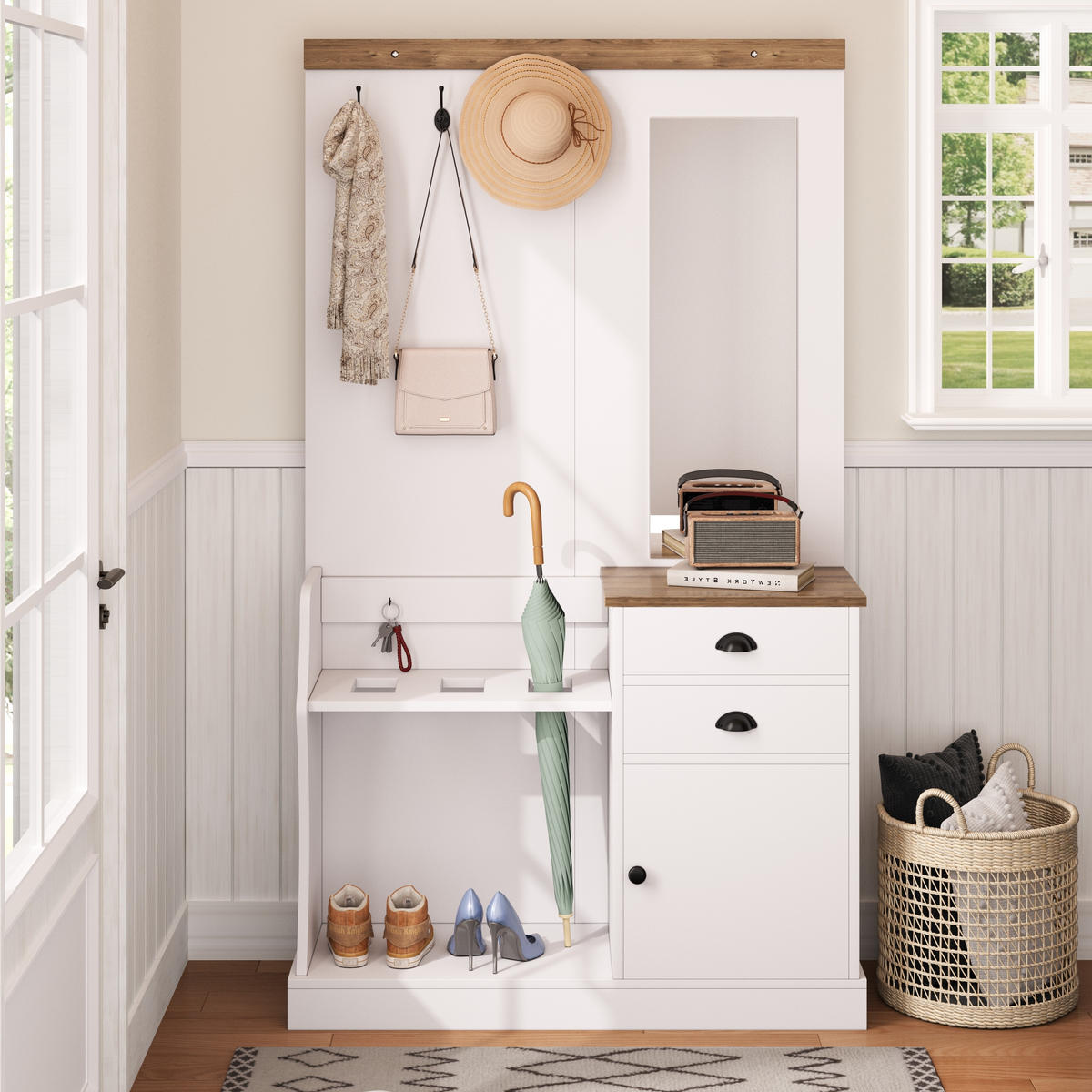 GARDEROBENSET Spiegel Haken Schubladen Schirmständer - Weiß, Holzwerkstoff (38/191/110.5cm) - FLIEKS