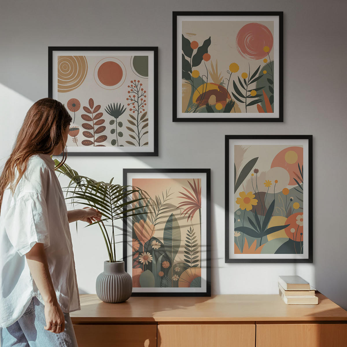 WANDBILDER 4er-Set - 50x50 cm & 40x60 cm Schwarzer Rahmen - Boho-Pflanzenmuster - Schwarz, Kunststoff (50/50cm) - ArtPrintCave