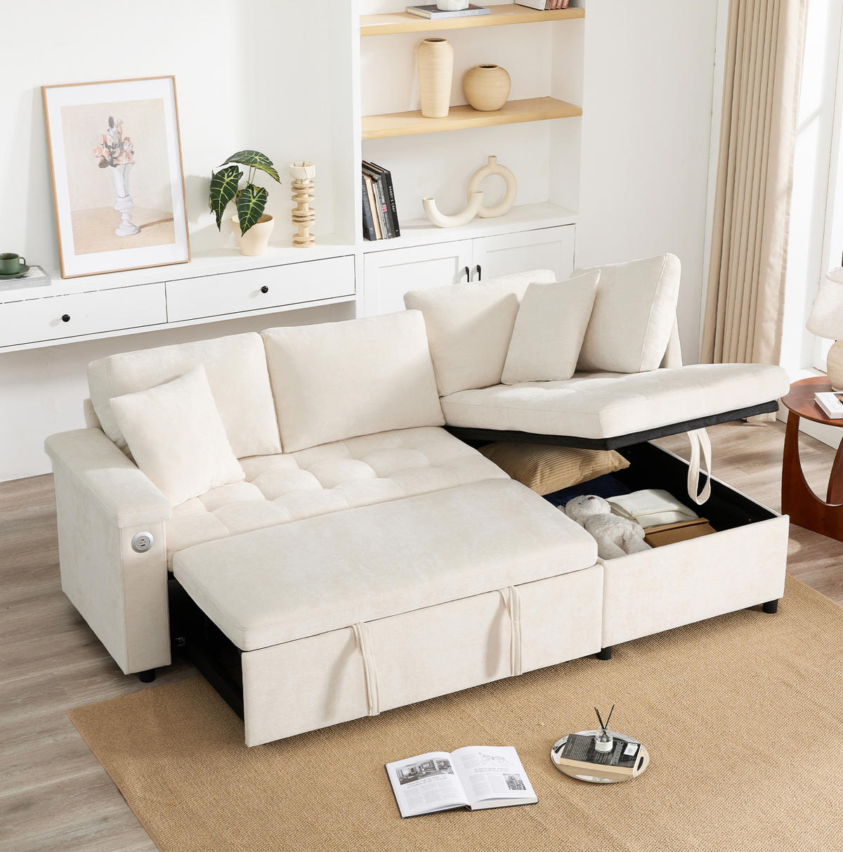 ECKSOFA rechts mit Schlaffunktion, Chenille & Stauraum, 209/130/84 cm, Beige - Beige, Textil (130/209cm) - Redom