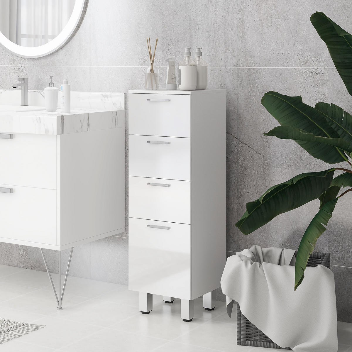 BADEZIMMERSCHRANK DE-17326 4 Schubladen & erhöhter Sockel Weiß - Weiß, Holzwerkstoff (30/93/30cm) - ComfortXL