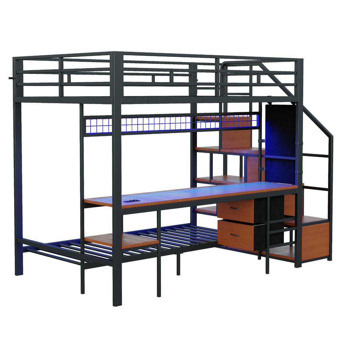 HOCHBETT 140/200 cm schwarz aus Metall und Holz mit Schreibtisch LED und Steckdosen - Schwarz, Metall (140/200cm) - OKWISH