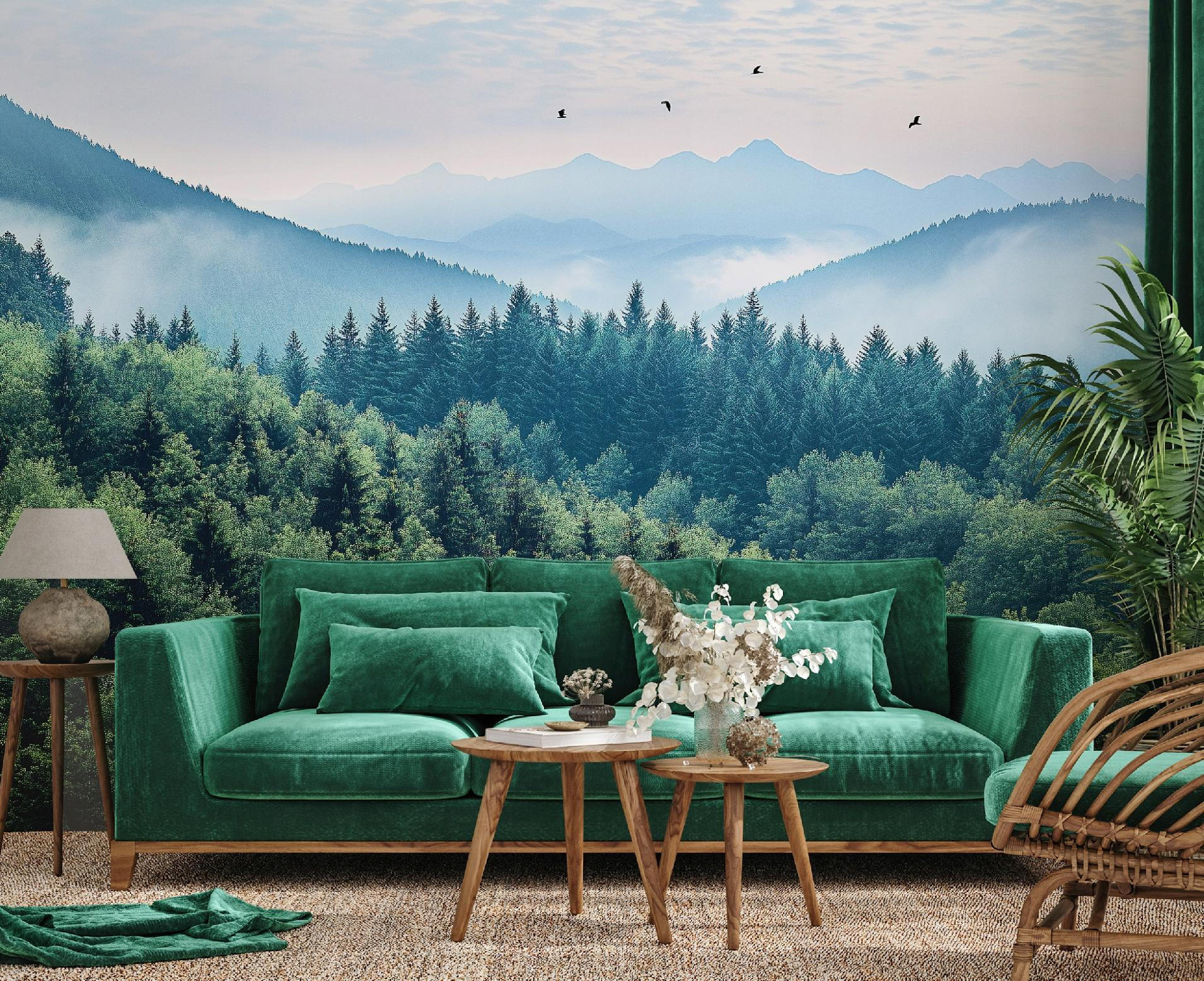 FOTOTAPETE 3D Effekt Wald im Nebel Berge 350x250 - Multicolor, Papier (350/250cm) - Wallarena