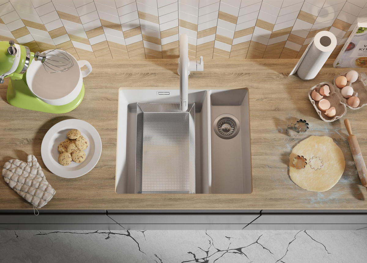 UNTERBAUSPÜLE GRANIT London Duo, 2-er set Weiß 56/47 cm 1,5 Becken + Küchenarmatur 32/20 cm + Ablauf-Set ab 60er Unterschrank - Chromfarben/Weiß, Kunststoff (56/20/47cm) - Primagran