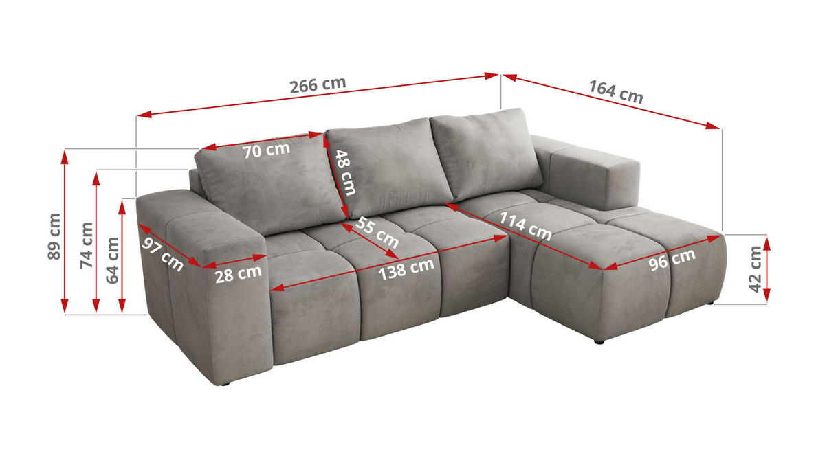 ROHOVÁ SEDAČKA MONIVA L - Světle šedá Samet - Pravá Strana - černá/světle šedá, textil/plast (266/164cm) - MKS