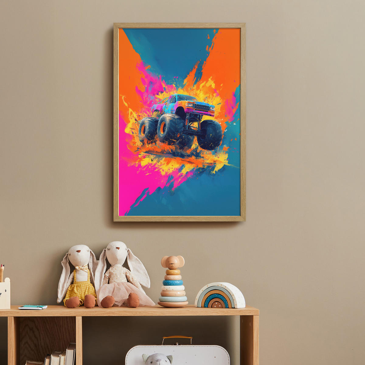 NÁSTĚNNÁ LAMPA S AKUMULÁTOREM Monster truck - Abstraktní - Stříkající barva - Barevné 40x60 cm - růžová, kompozitní dřevo (40/60/8cm) - OnlyWow
