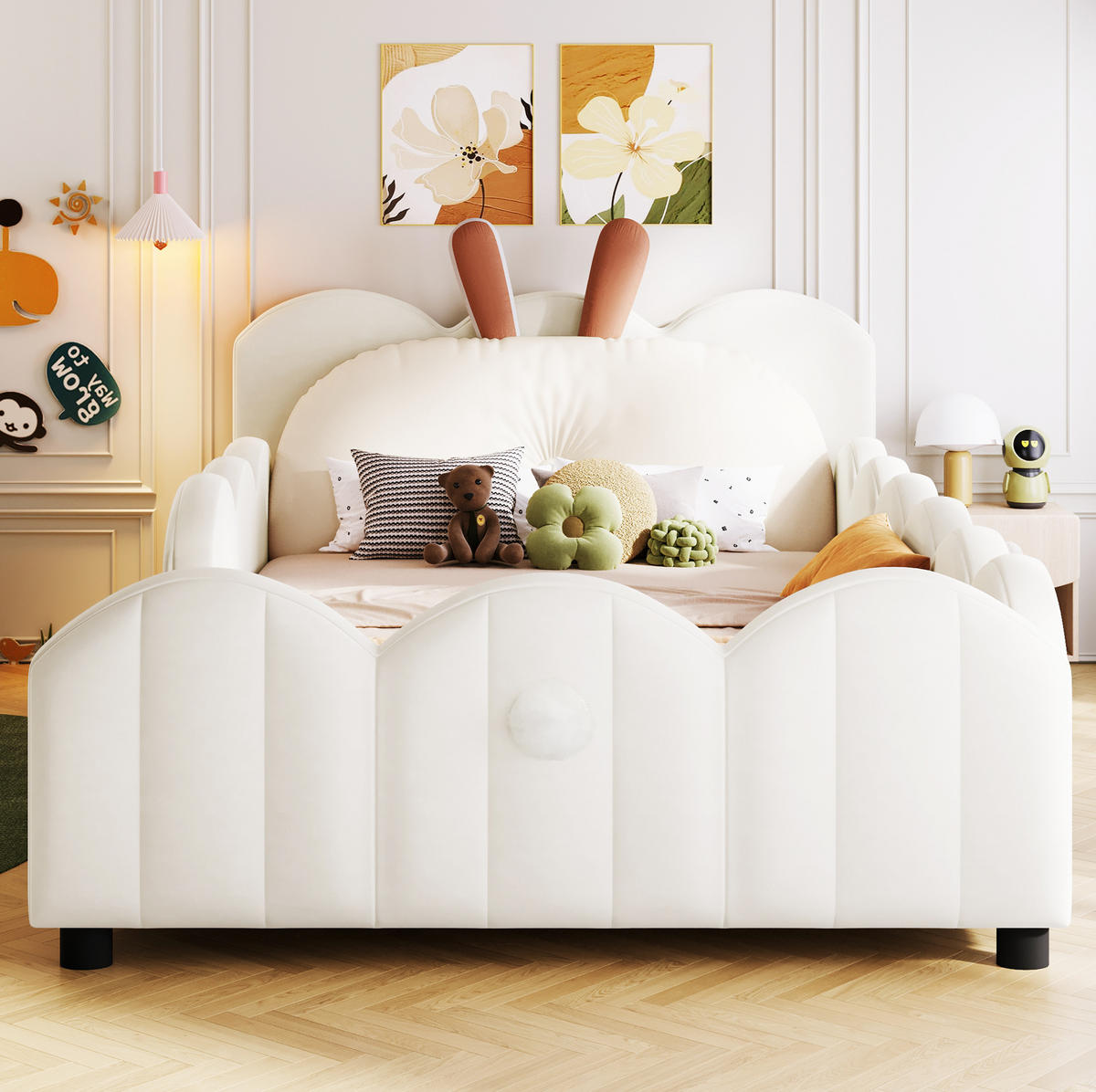 KINDERBETT 90x200 cm in Beige mit Kaninchenohren-Design und Schutzgitter - Beige, Holzwerkstoff (90/200cm) - IVMEU