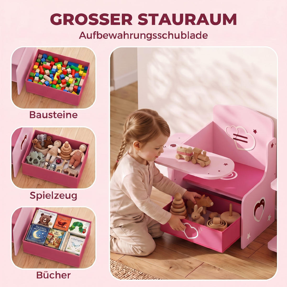 KINDERTISCH-MIT-STUHL MDF Vliesstoff Rosa - Rosa, Holzwerkstoff/Textil (51/59/58.5cm) - AIYAPLAY