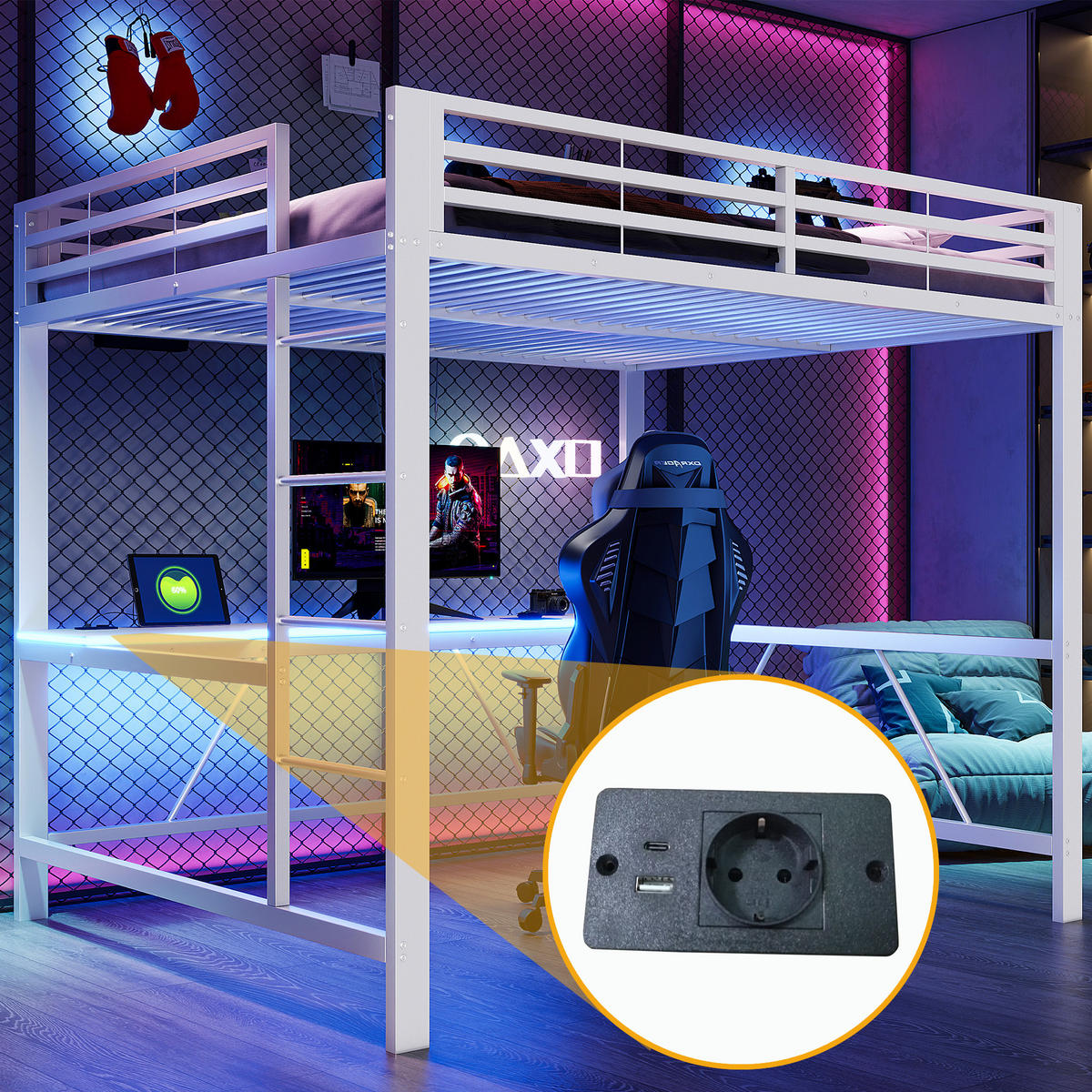 HOCHBETT 160/200 cm in Weiß mit LED, USB und Schreibtisch - Weiß, Metall (160/200cm) - CHICFURN