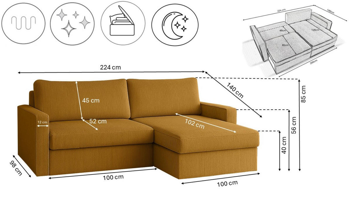 ECKSOFA Mit Schlaffunktion Und Bettzeugablage LUBEKA Stoff Poso Senffarbe Rechts - Gelb, Holz/Textil (224/147cm) - Kaiser Möbel