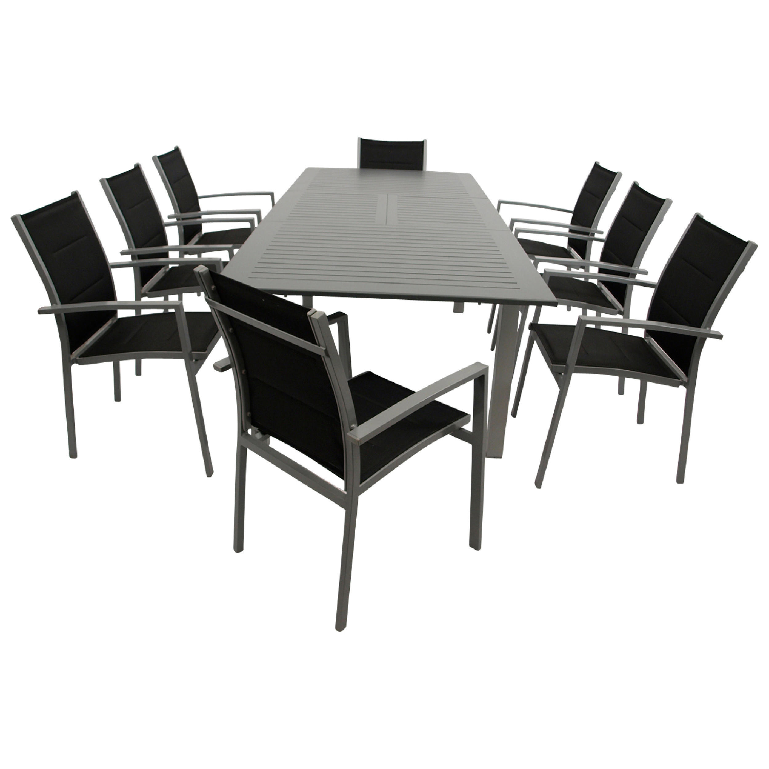 GARTEN-GARNITUR Ashford - 9-teilige Garten-Essgruppe (8x Stapelsessel mit Aluminiumgestell, Bespannung Textillehne schwarz, Ausziehtisch - Schwarz, Metall - TPFGarden