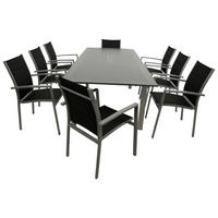GARTEN-GARNITUR Ashford - 9-teilige Garten-Essgruppe (8x Stapelsessel mit Aluminiumgestell, Bespannung Textillehne schwarz, Ausziehtisch - Schwarz, Metall - TPFGarden