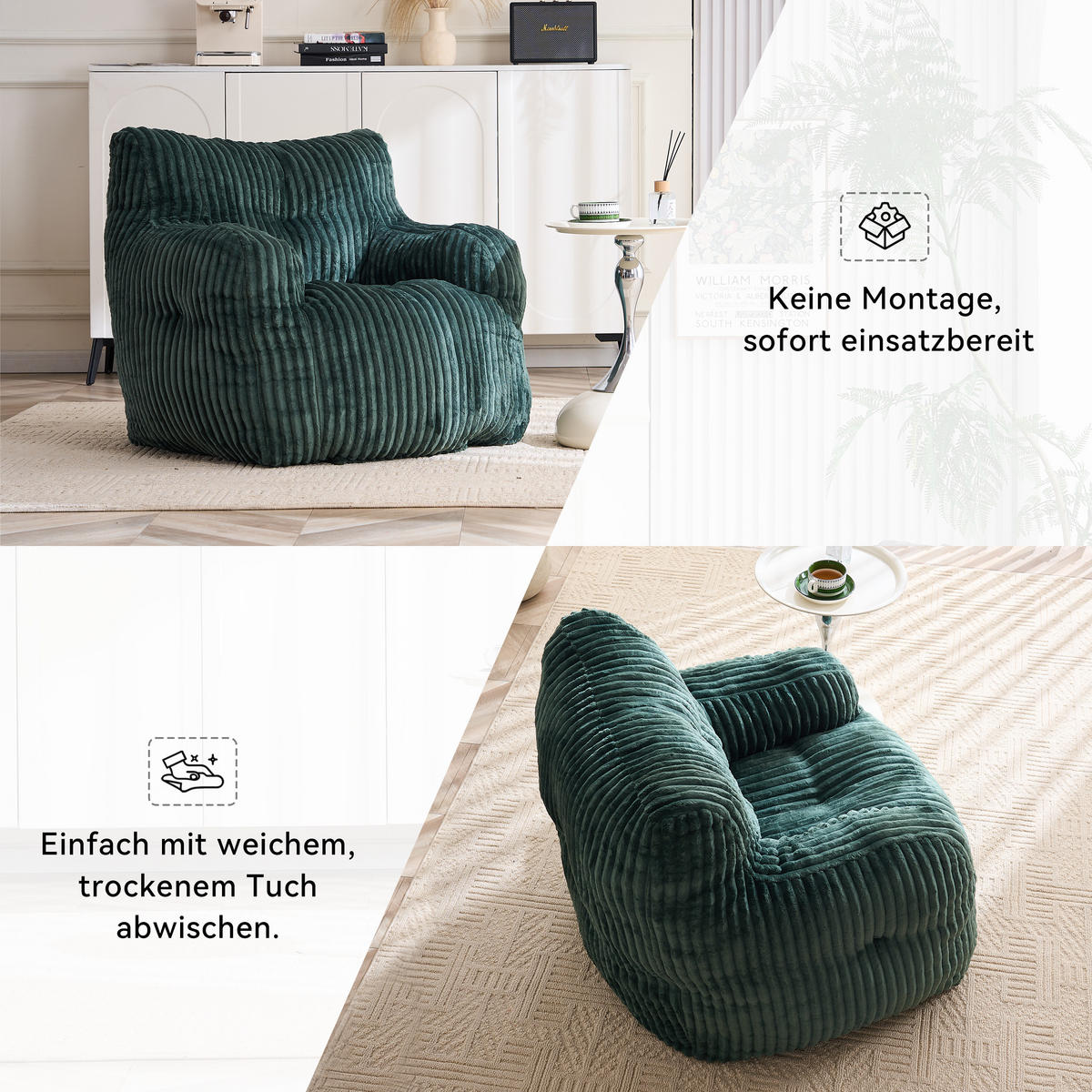 SESSEL weicher cord-stoff ergonomischer mit schaumstofffüllung - Grün, Textil (100/70/94cm) - Urban Meuble