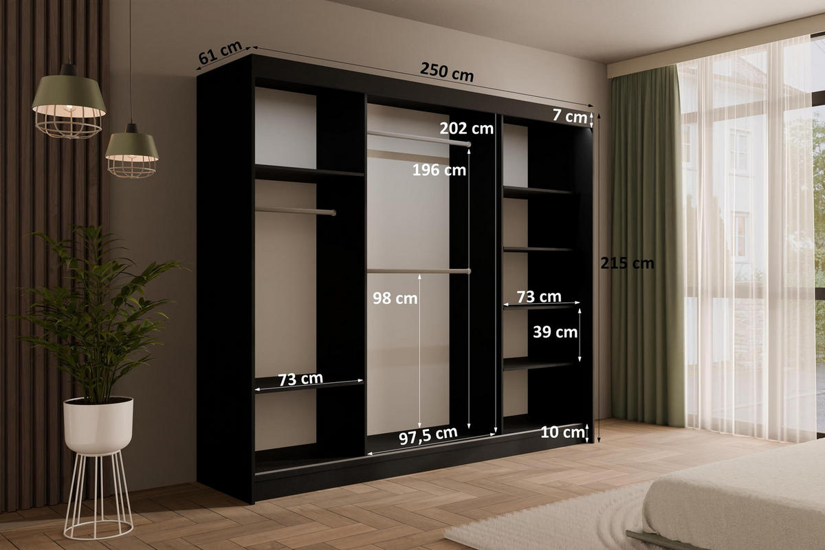 KLEIDERSCHRANK AMOHA mit LED - 250 cm - Schwarz - Schwarz, Holzwerkstoff (250/215/61cm) - ALTDECOR