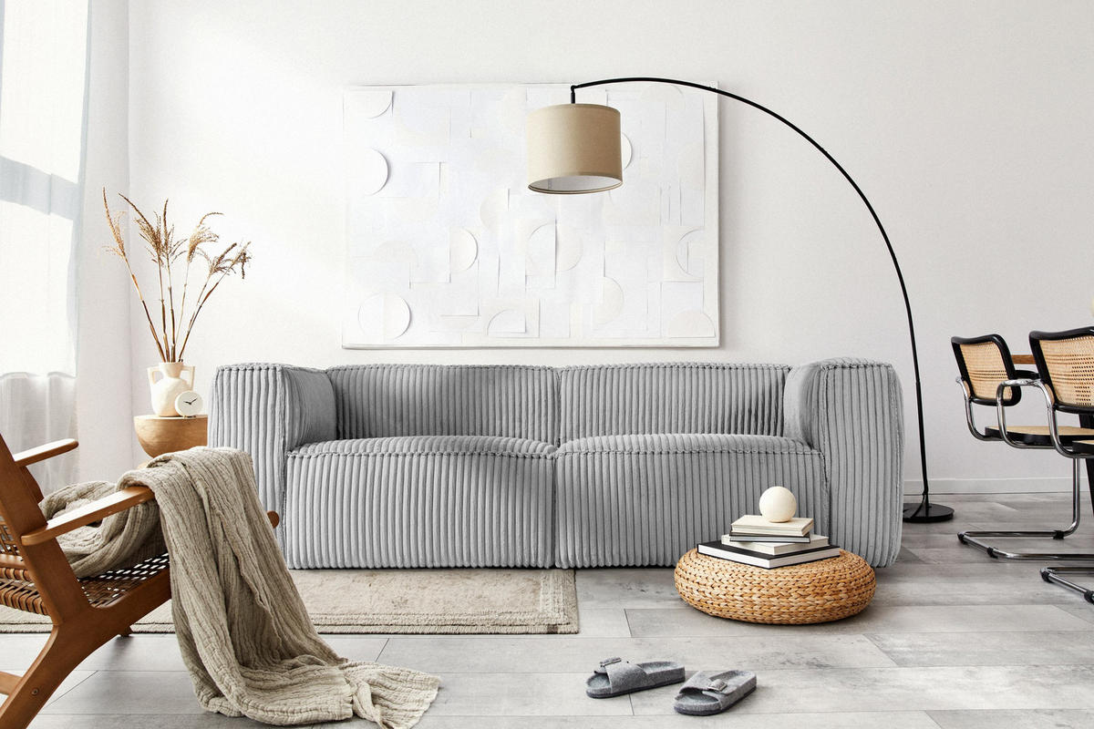 3-SITZER-SOFA FEROX Modern, Cord-Stoff, hellgrau - Hellgrau, Textil (246/73/96cm) - KONSIMO®