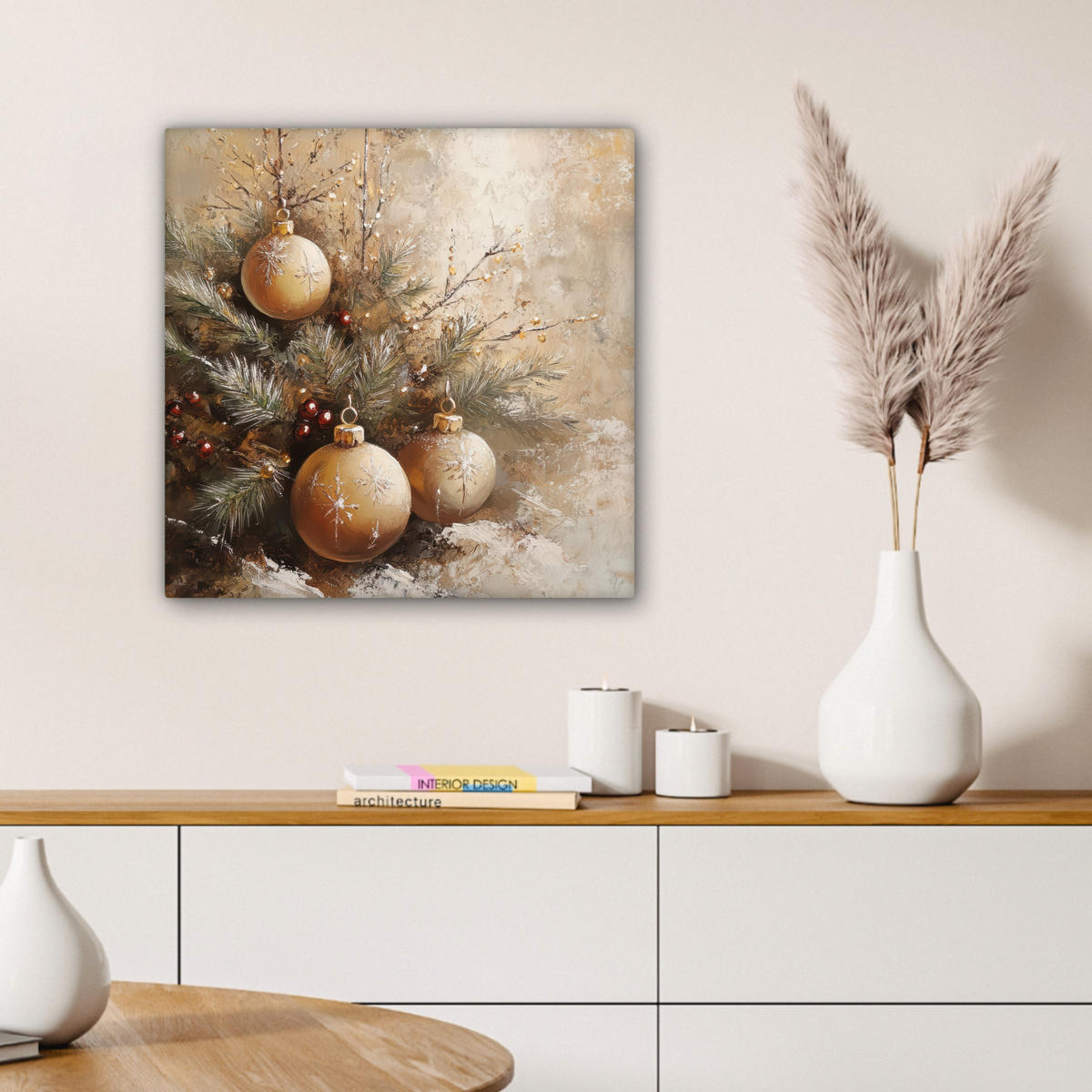 LEINWANDBILD Weihnachten - Kugeln - Beige - Gold Wandbild Wohnzimmer 50x50 cm - Goldfarben, Textil (50/50cm) - MuchoWow