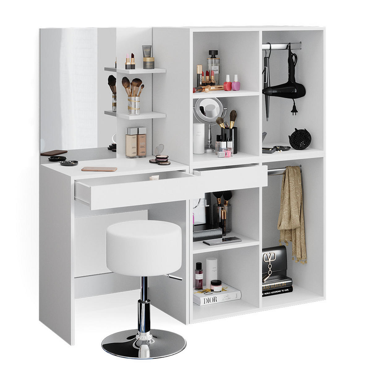 SCHMINKTISCH Isabelle Weiß 60 cm mit Hocker und Schrank - Weiß, Holzwerkstoff (60/140/40cm) - Vicco