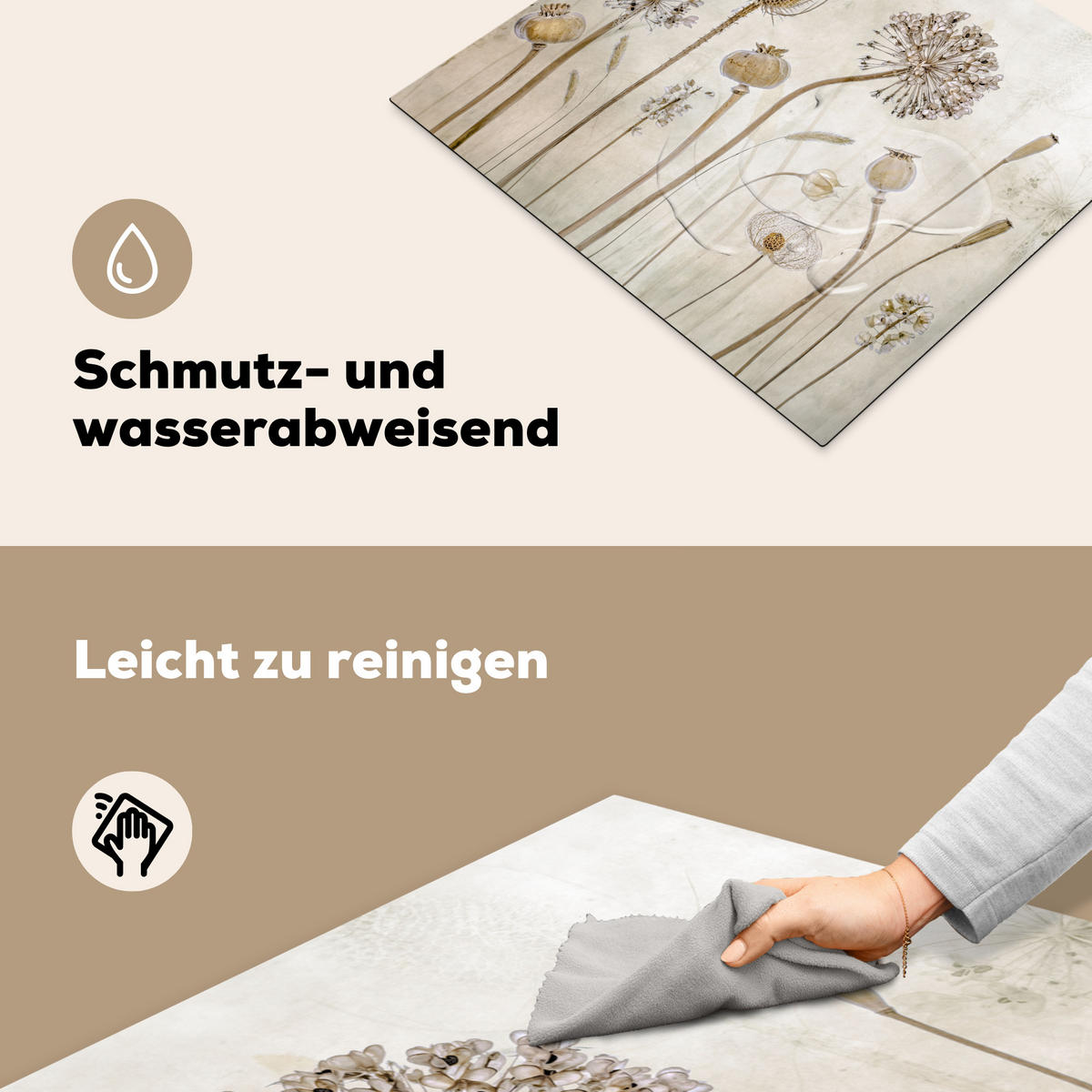 HERDABDECKPLATTE Blumen - Aquarell - Stilleben - Braun - Vintage 59x52 cm - Sandfarben, Kunststoff (59/52/0.2cm) - MuchoWow