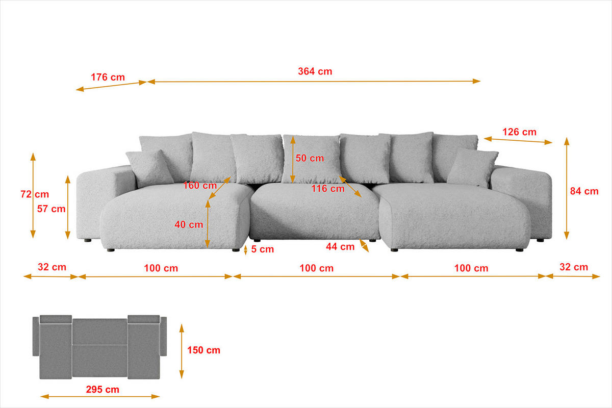 WOHNLANDSCHAFT mit Schlaffunktion ESKAR-U -364x176x84cm Grau Bouclé - Hellgrau/Schwarz, Holzwerkstoff/Kunststoff (364/84/176cm) - ALTDECOR