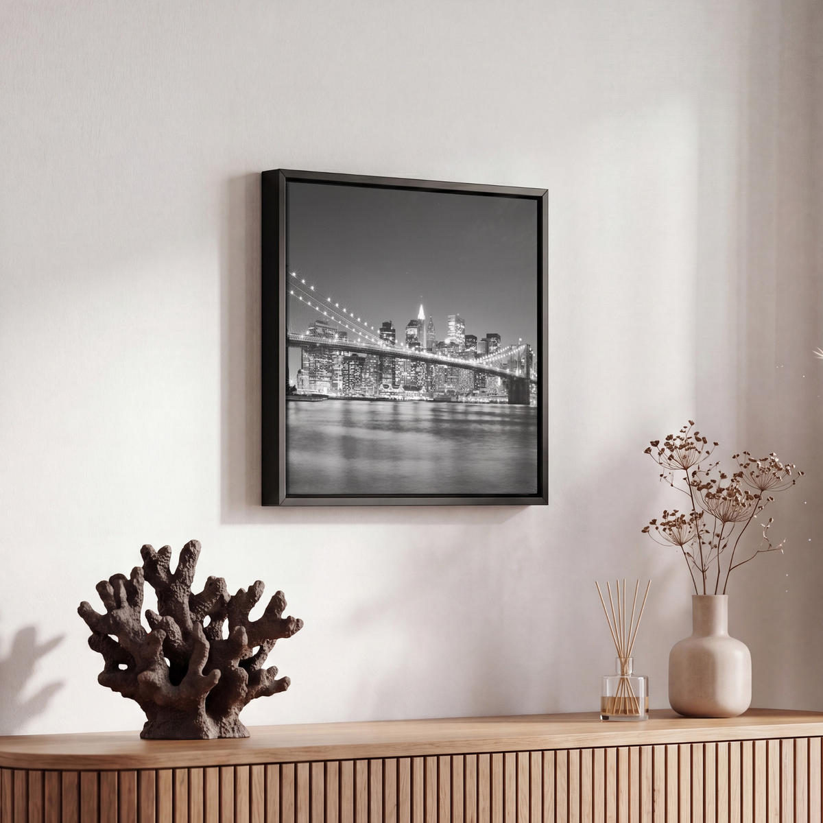LEINWAND Bilder mit Rahmen - New York - Brücke - Brooklyn - Schwarz und weiß - Architektur - 20x20 - Schwarz, Textil (20/20cm) - MuchoWow