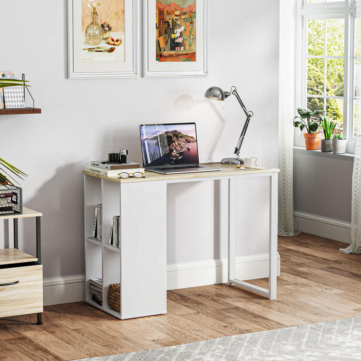 WRITING DESK Moderner Bürotisch mit Stahlgestell, 100 x 54 x 75 cm, Eiche - Naturfarben, Holz (54/100/75cm) - HOMCOM