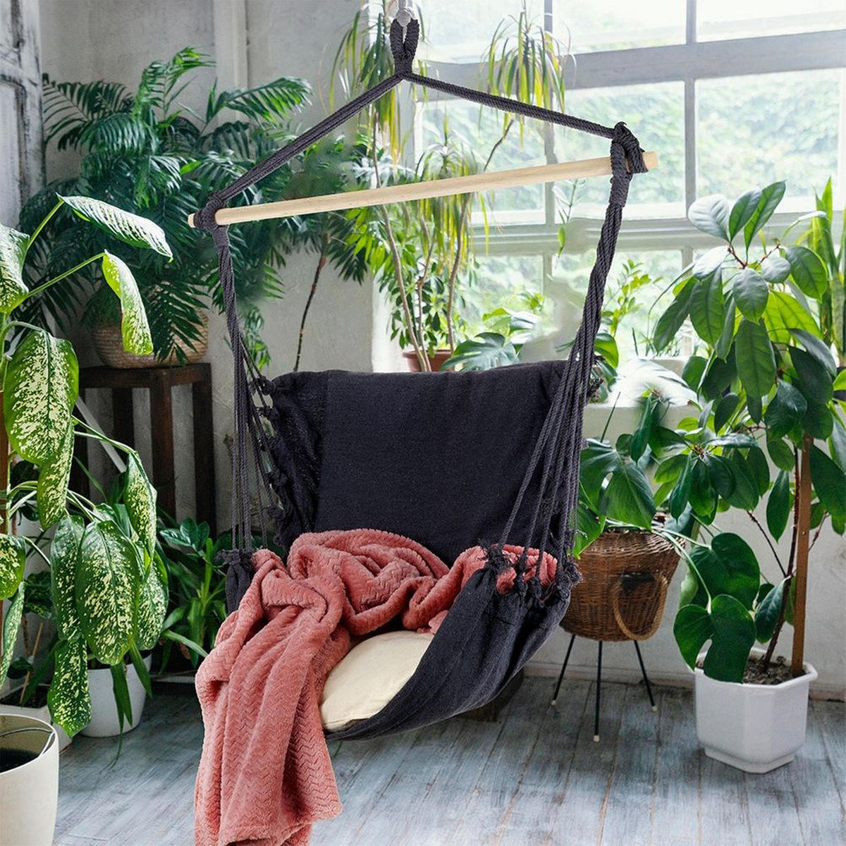 HÄNGESESSEL inkl. Kissen 90 cm Holzstab Dunkelgrau - Dunkelgrau, Textil (90/130/100cm) - ProGarden