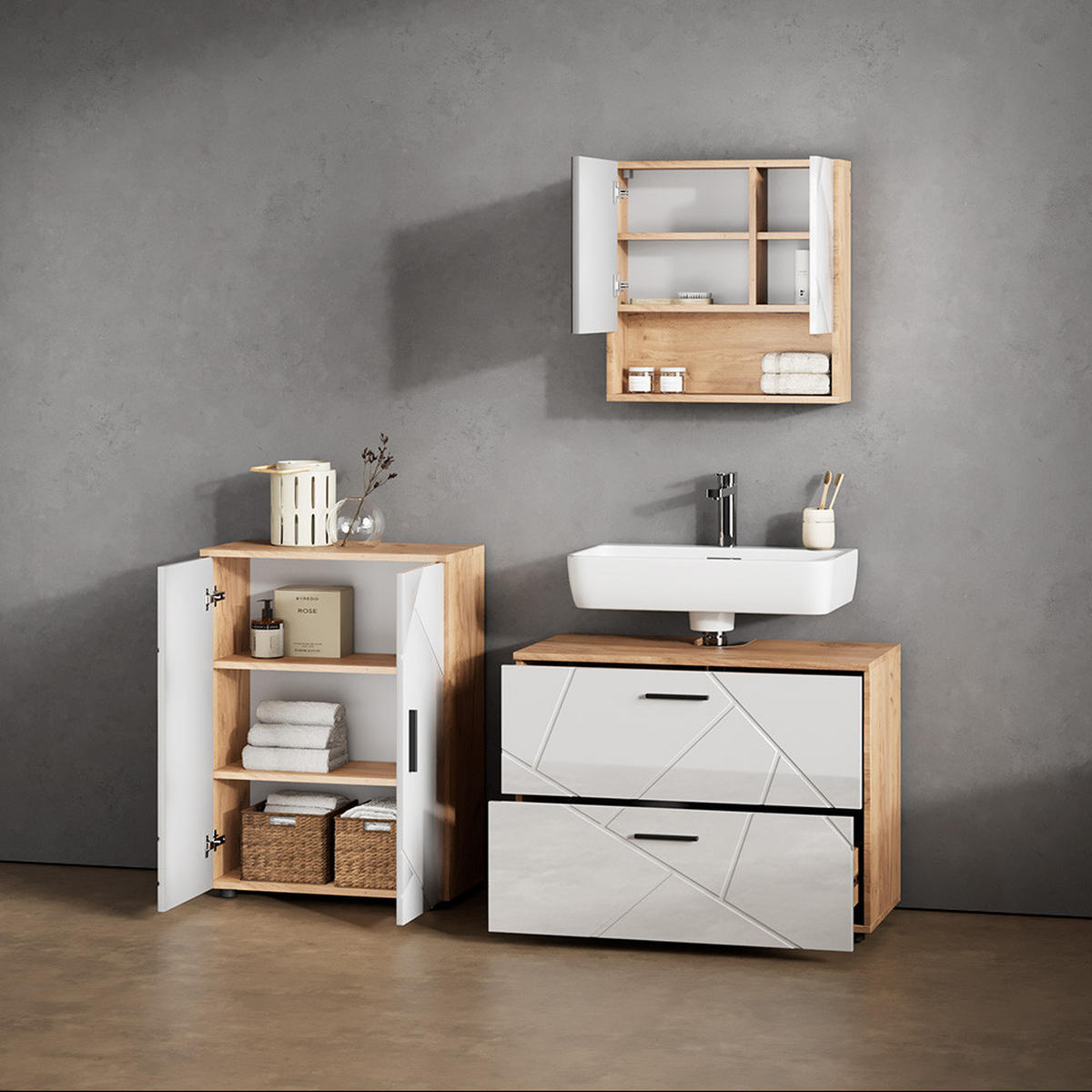 BADMÖBEL-SET Ronco Weiß Hochglanz/Goldkraft Eiche 3 Teile, mit Unterschrank 80 cm - Weiß Hochglanz/Eiche Wotan, Holzwerkstoff (80/58/41cm) - Livinity®